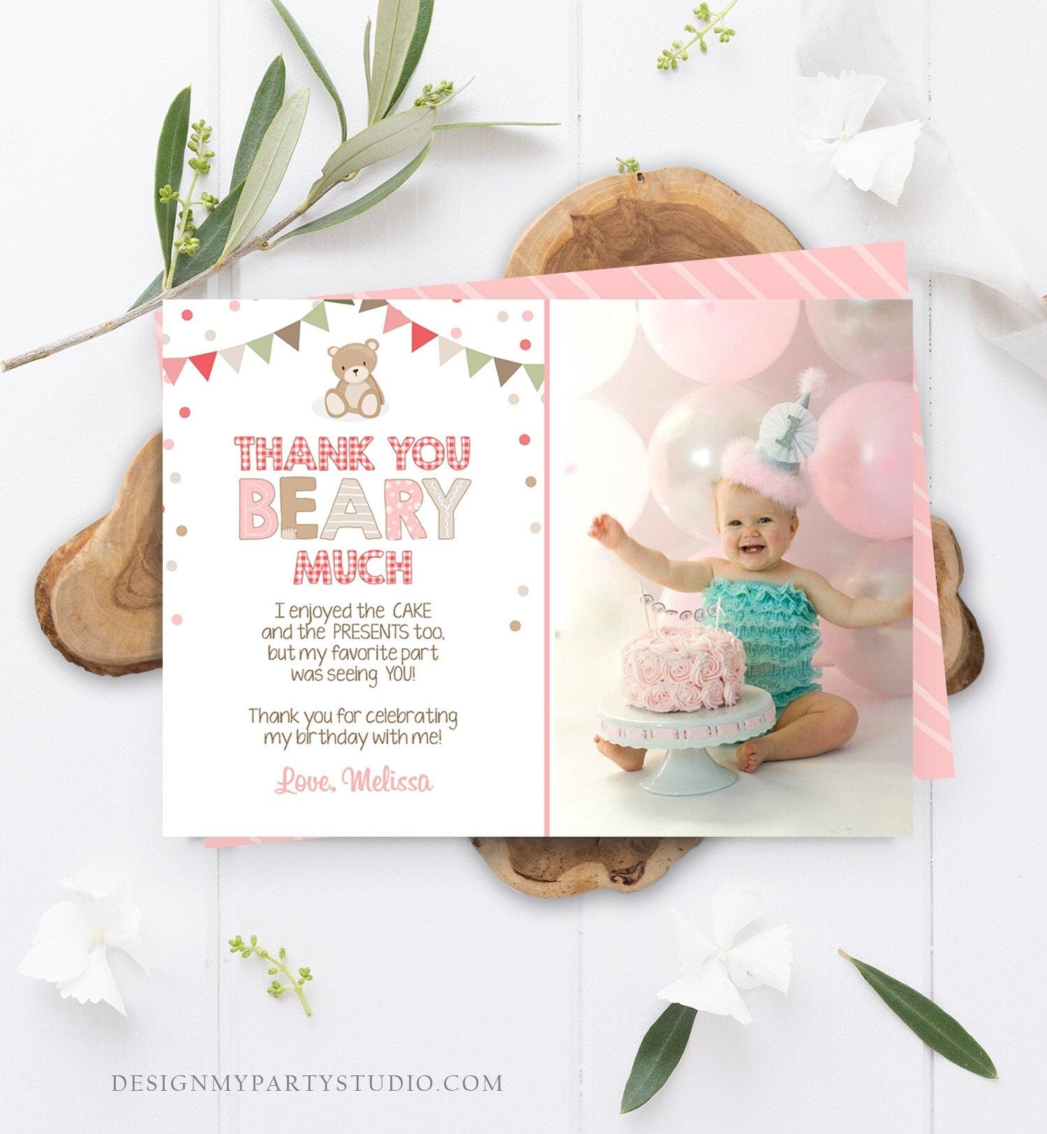 Editable Teddy Bear Thank You Card Birthday Picnic Beary Much Girl Pink Confetti Download Printable Thank You Template Digital Corjl 0100