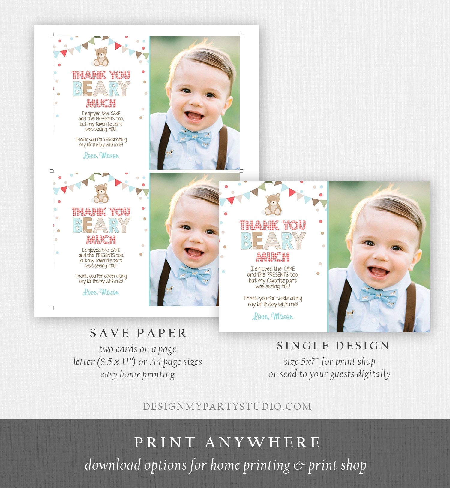 Editable Thank You Card Teddy Bear Birthday Picnic Beary Much Boy Blue Woodland Download Printable Thank You Template Digital Corjl 0100