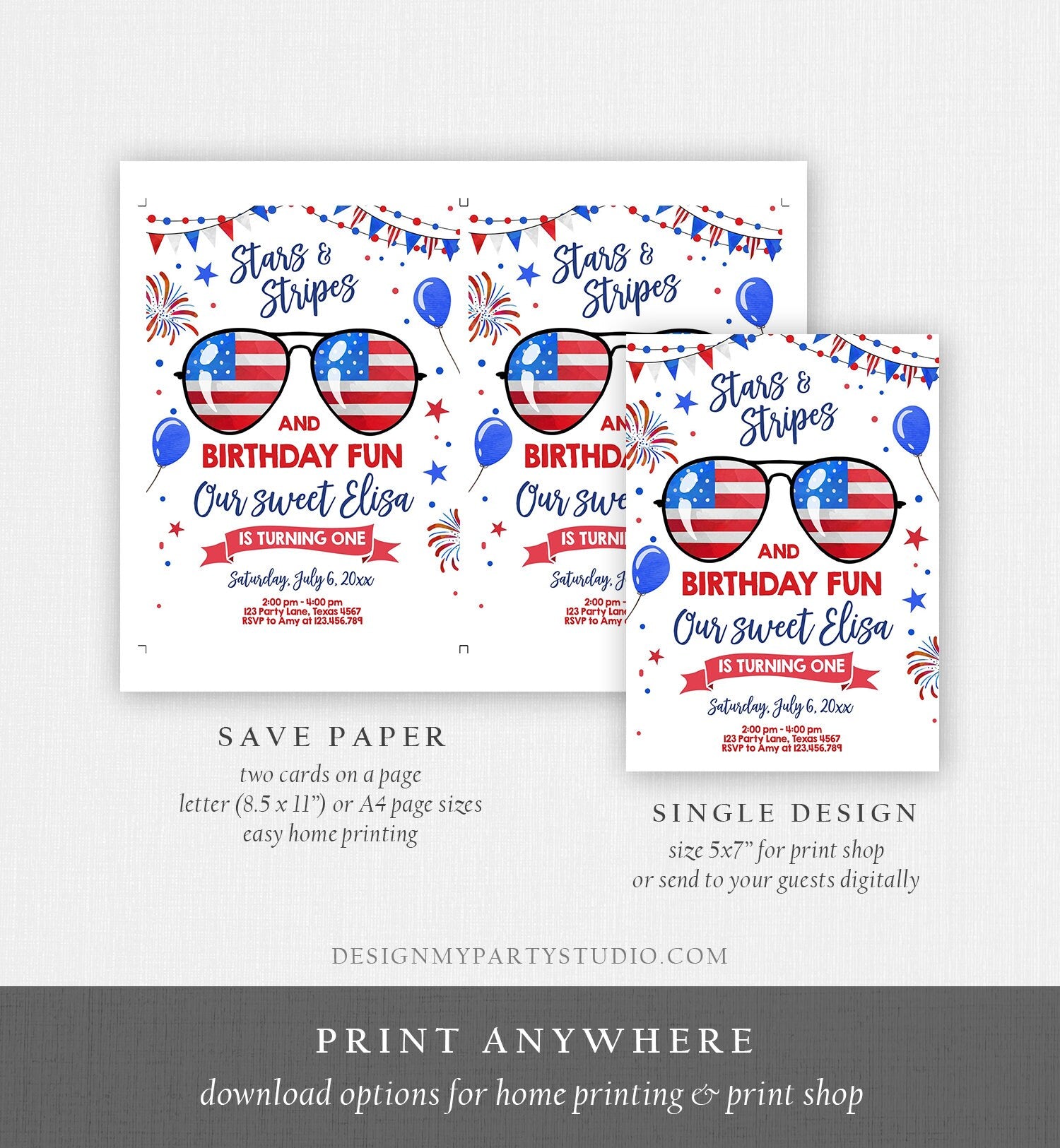 Editable Memorial Day Birthday Invitation 4th of July Little Firecracker Stars and Stripes Red White Blue Template Corjl Digital 0122