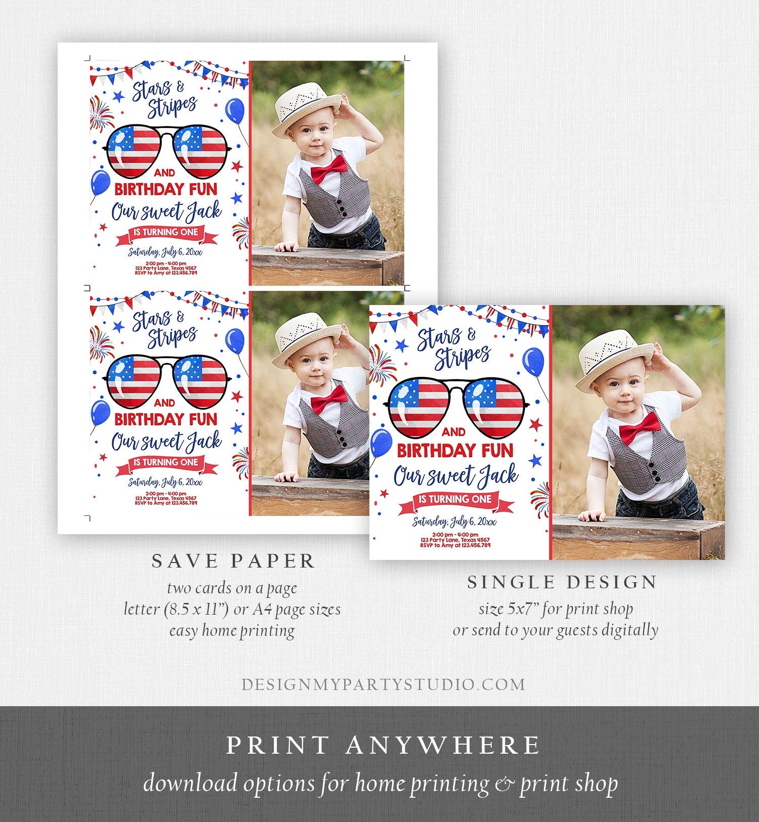 Editable Memorial Day Birthday Invitation 4th of July Little Firecracker Stars and Stripes Red White Blue Template Corjl Digital 0122