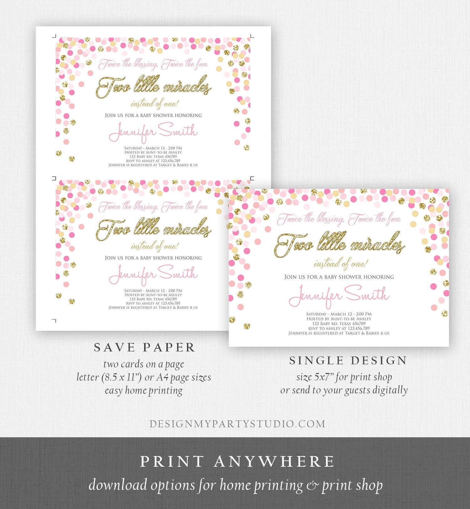 Editable Twin Girls Baby Shower Invitation Twin Girls Blush Pink and Blue Gold Confetti Boy Girl Shower Invite Template Download Corjl 0133