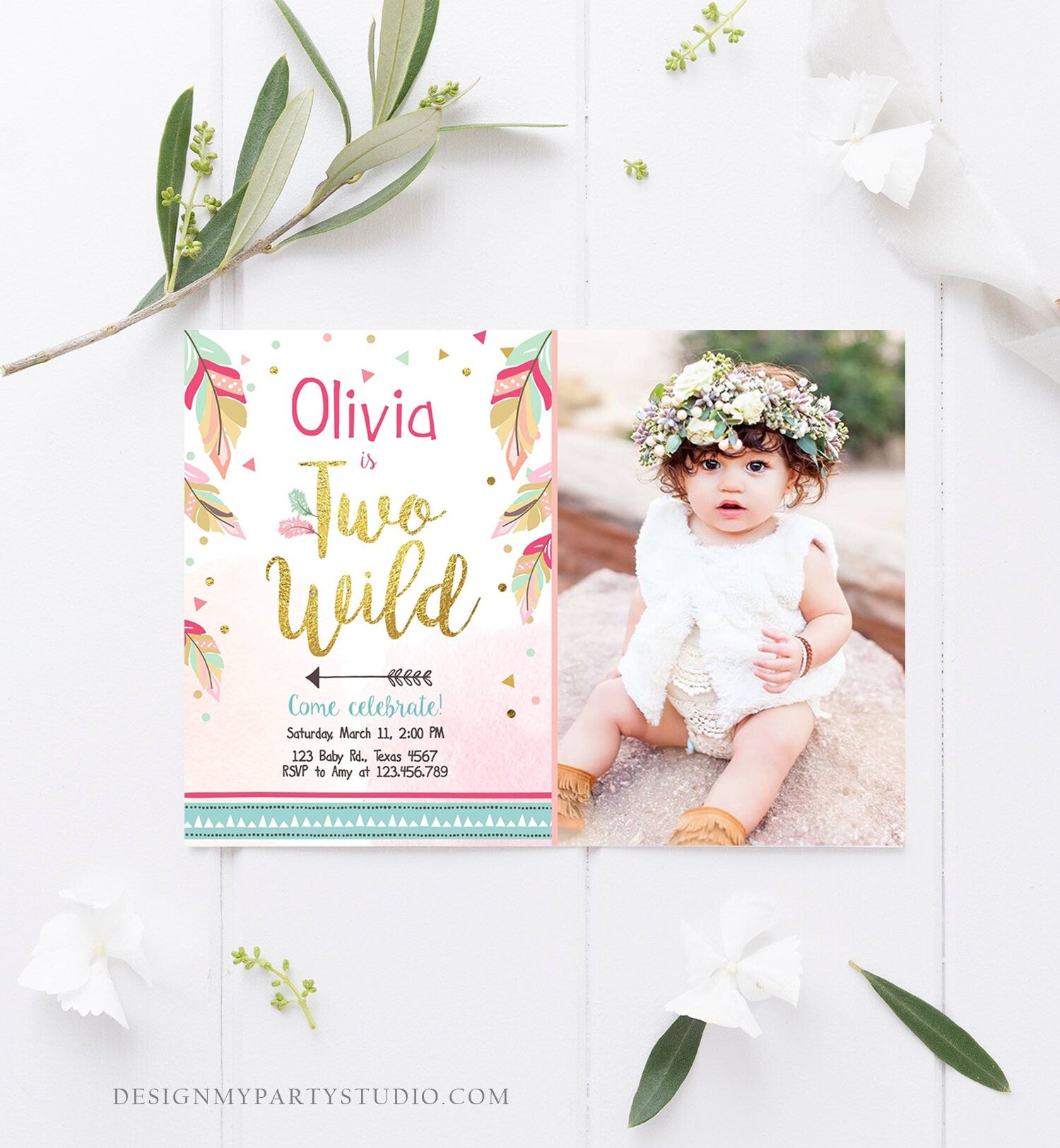 Editable Two Wild Birthday Invitation Girl 2nd Birthday Tribal Boho Feathers Pink Gold Mint Download Printable Template Digital Corjl 0038