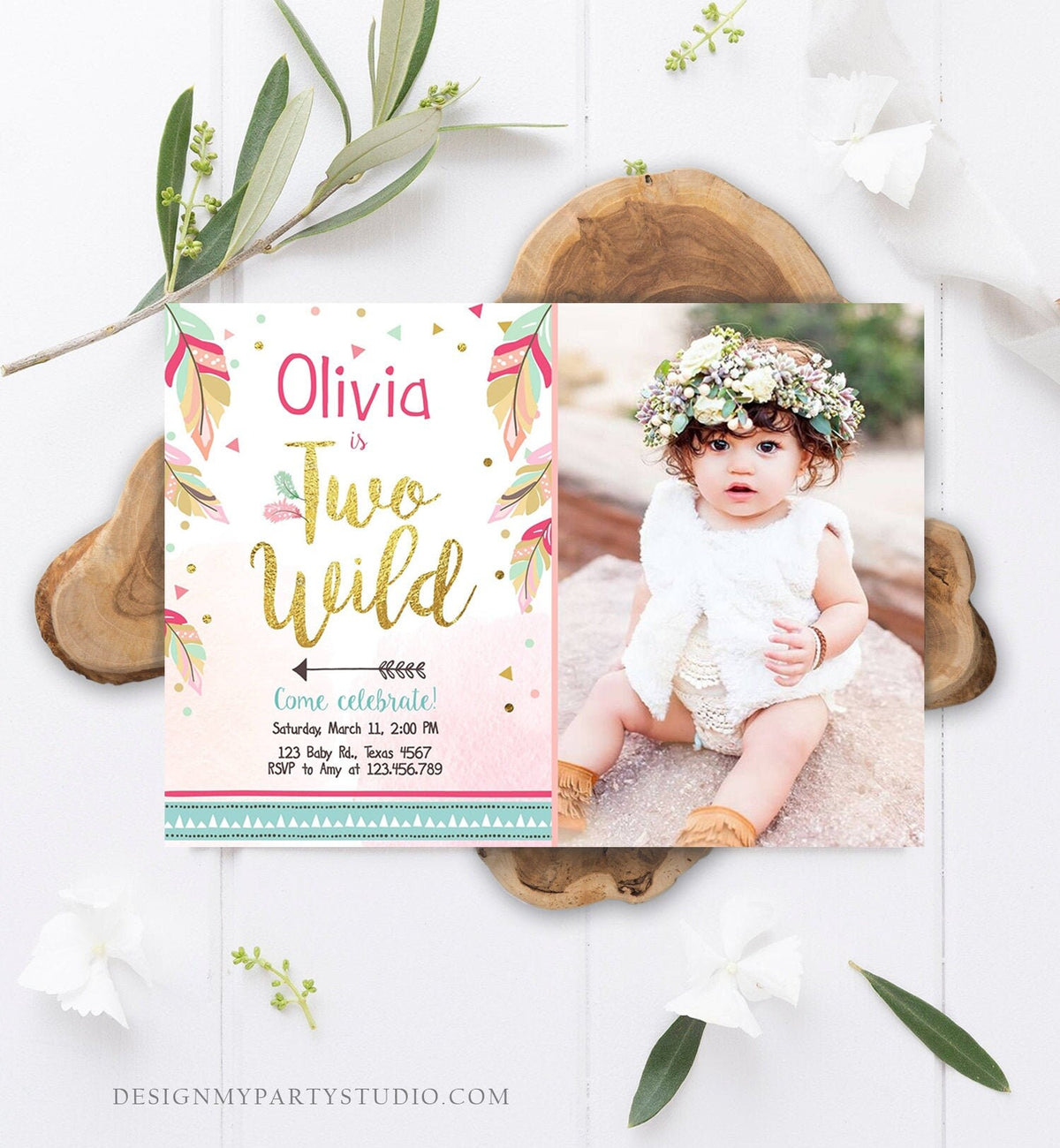 Editable Two Wild Birthday Invitation Girl 2nd Birthday Tribal Boho Feathers Pink Gold Mint Download Printable Template Digital Corjl 0038