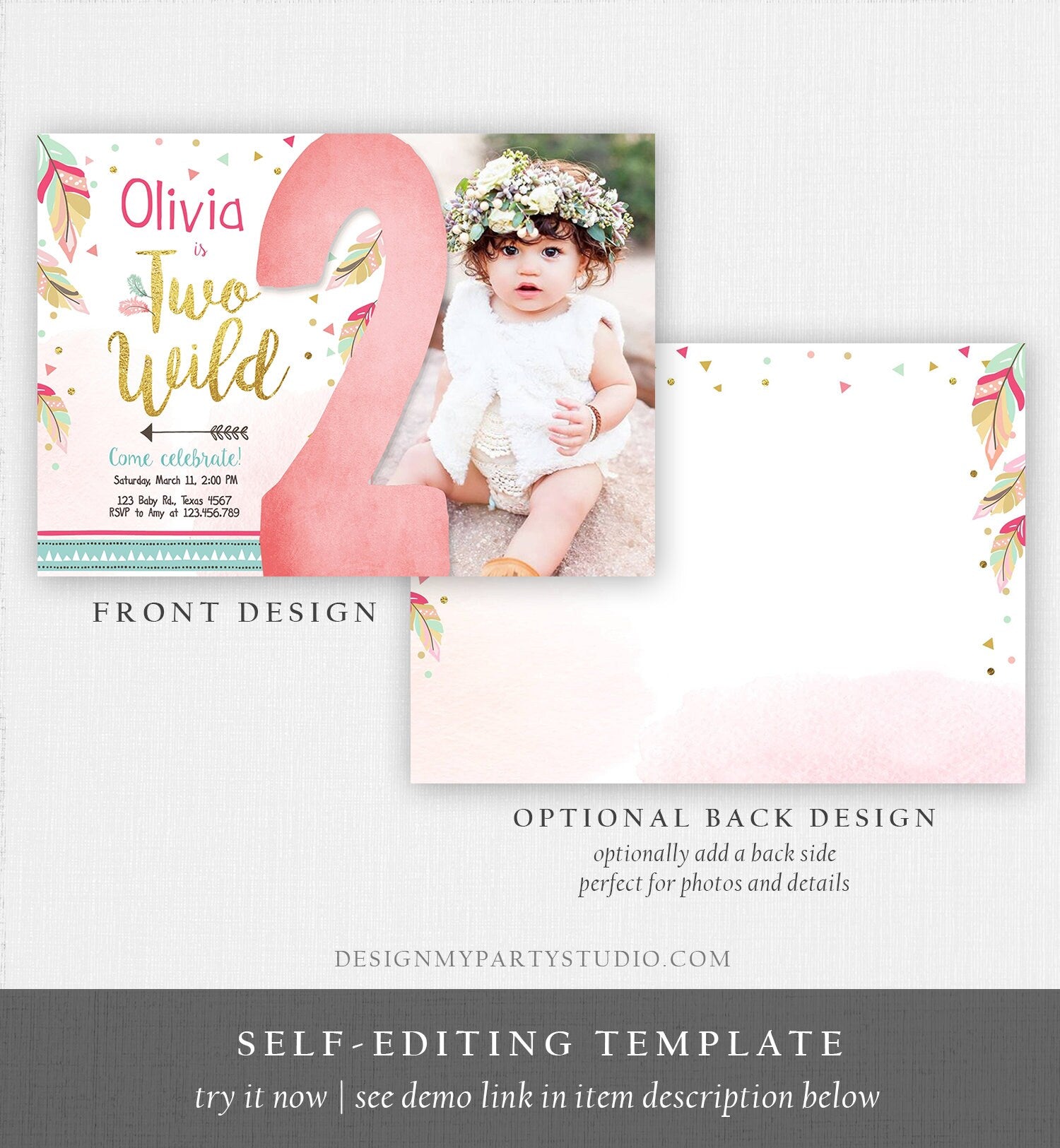 Editable Two Wild Birthday Invitation Girl 2nd Birthday Tribal Boho Feathers Pink Gold Mint Download Printable Template Digital Corjl 0038