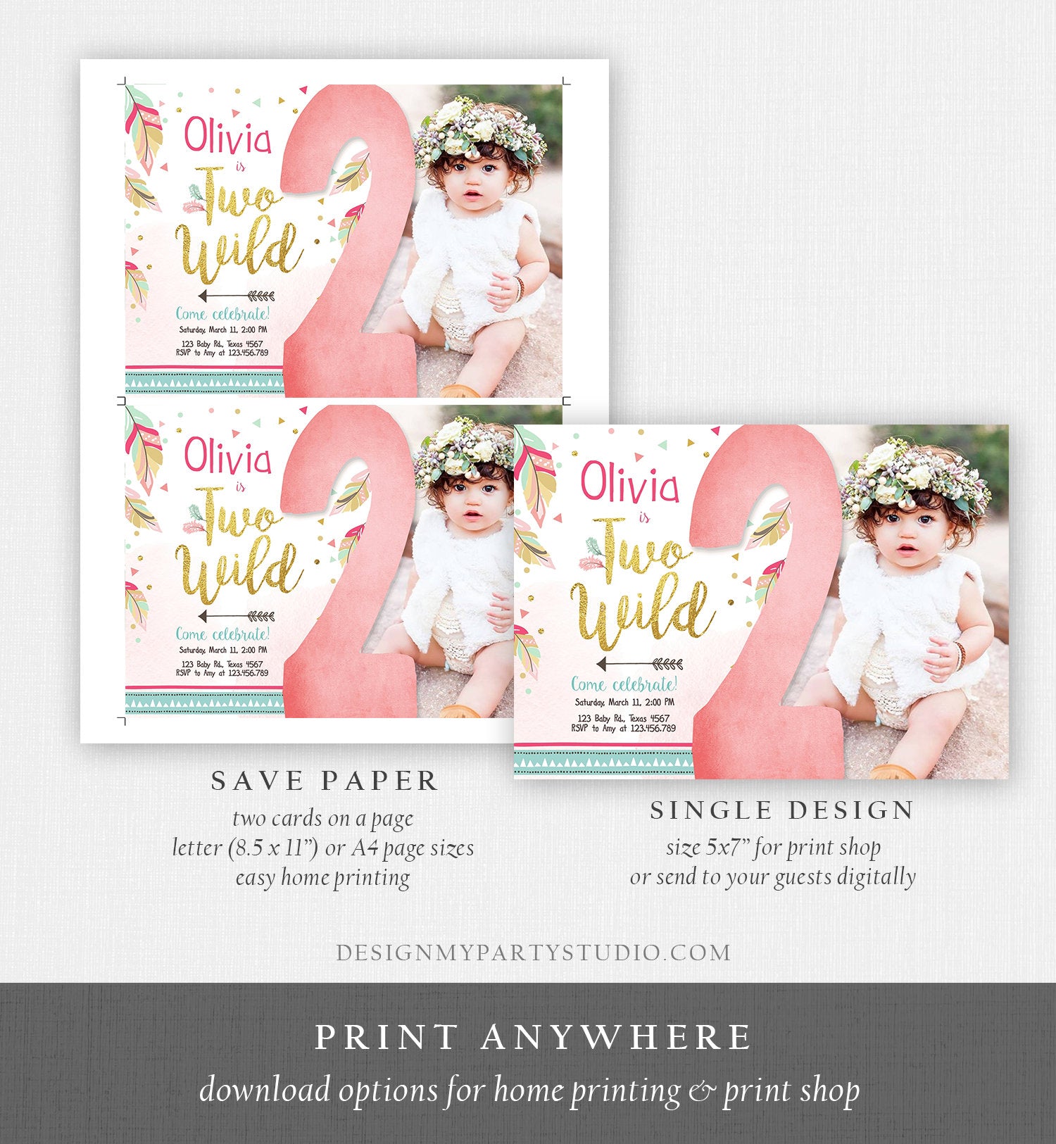 Editable Two Wild Birthday Invitation Girl 2nd Birthday Tribal Boho Feathers Pink Gold Mint Download Printable Template Digital Corjl 0038