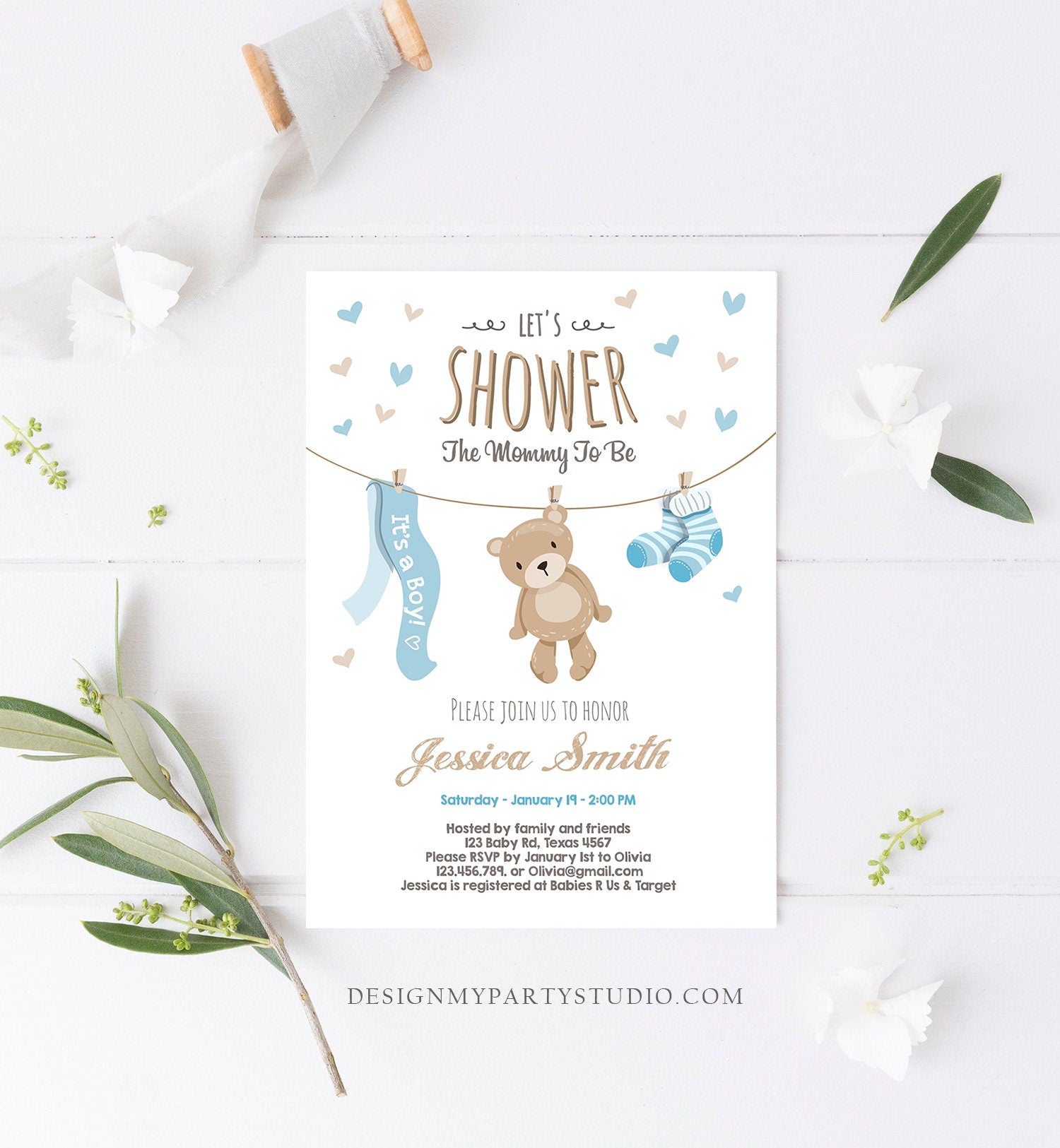 Editable Baby Shower Invitation Boy Teddy Bear Cute Baby Boy Blue Bear Little Cub Clothes Invite Template Instant Corjl Download 0025