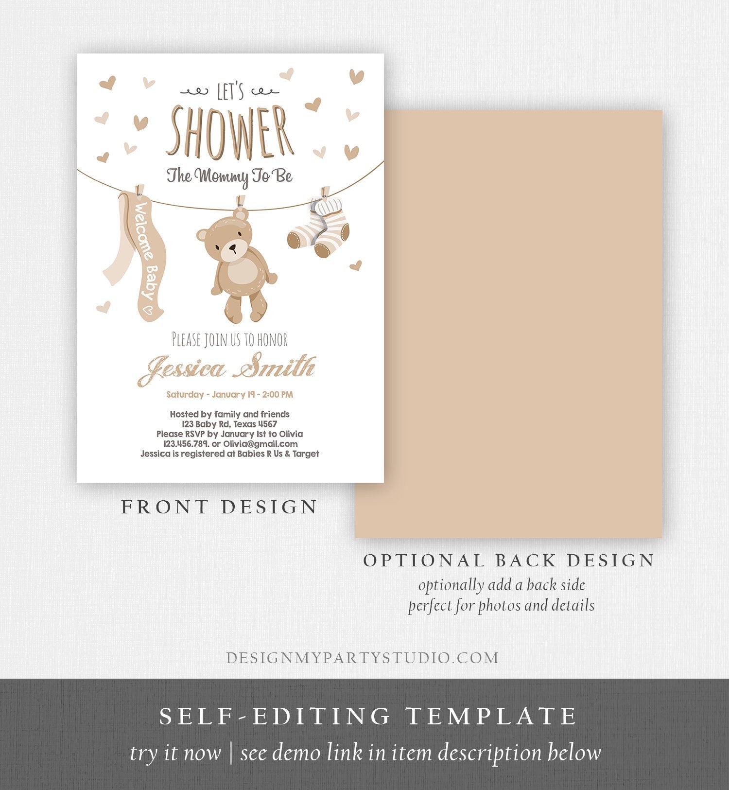 Editable Baby Shower Invitation Teddy Bear Cute baby Brown Unisex Bear Little Cub Clothes Invite Template Instant Download Corjl 0025