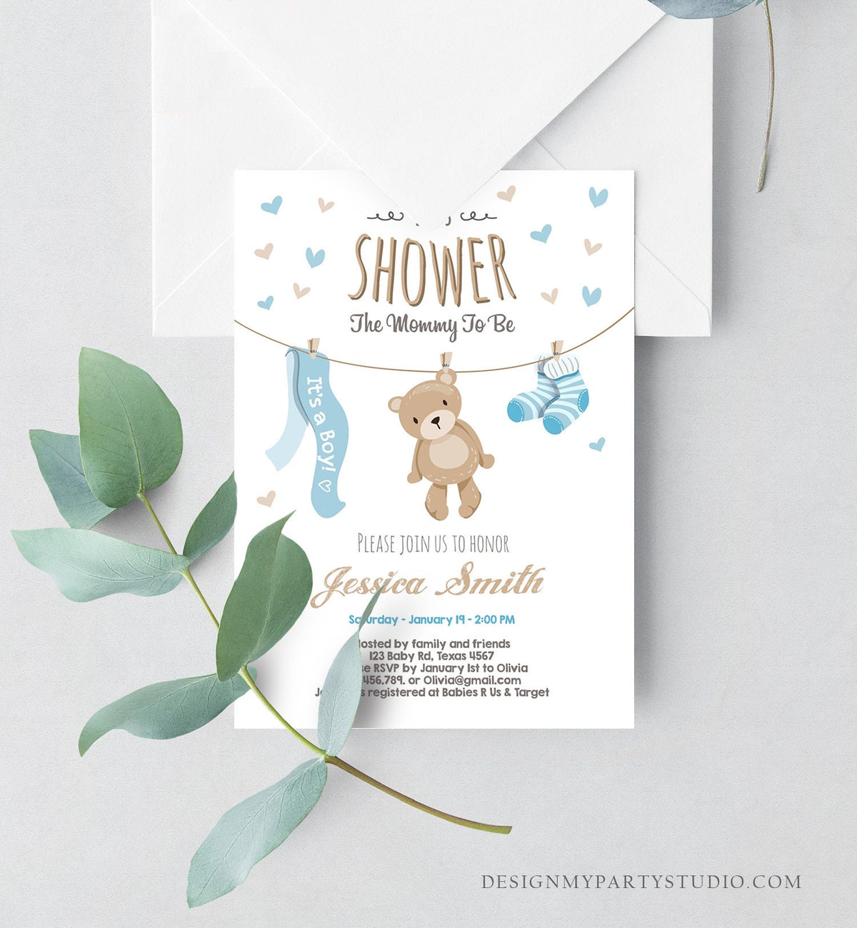 Editable Baby Shower Invitation Boy Teddy Bear Cute Baby Boy Blue Bear Little Cub Clothes Invite Template Instant Corjl Download 0025