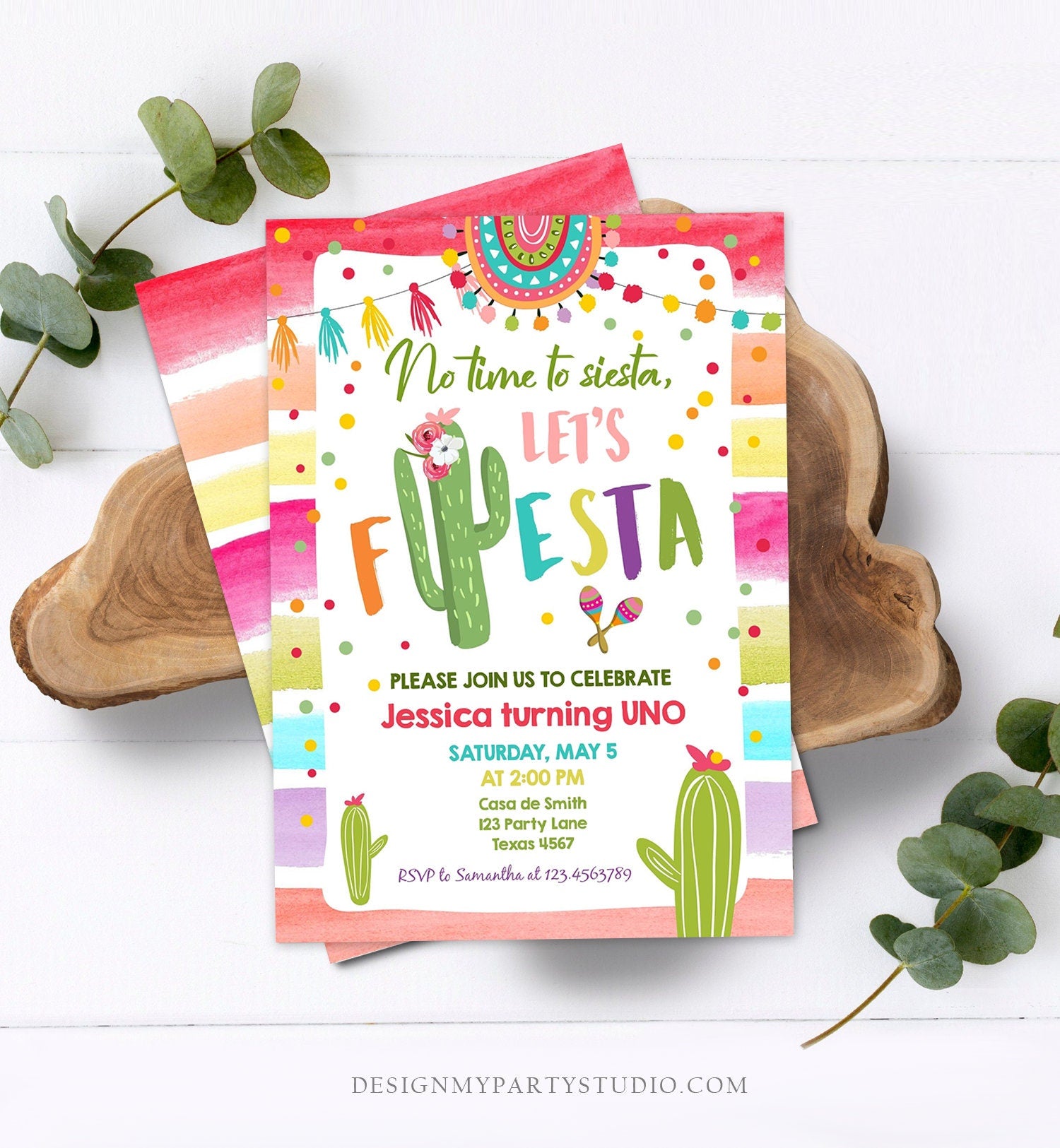 Editable Let's Fiesta Birthday Invitation Cactus Succulent First Birthday Party Girl 1st Mexican Uno Download Evite Template Printable 0134