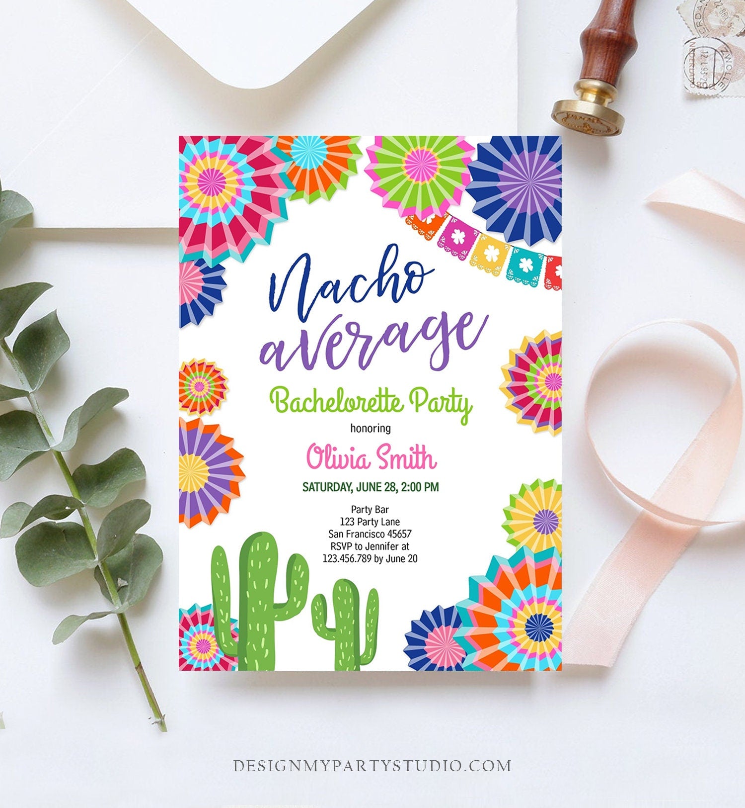 Editable Fiesta Nacho Average Bachelorette Party Invitation Cactus Mexican Bridal Shower Digital Download Corjl Template Printable 0236