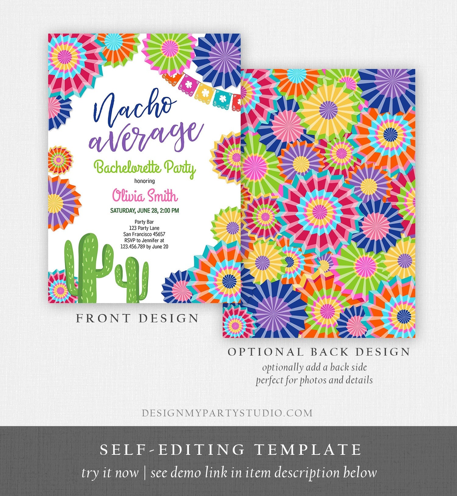 Editable Fiesta Nacho Average Bachelorette Party Invitation Cactus Mexican Bridal Shower Digital Download Corjl Template Printable 0236