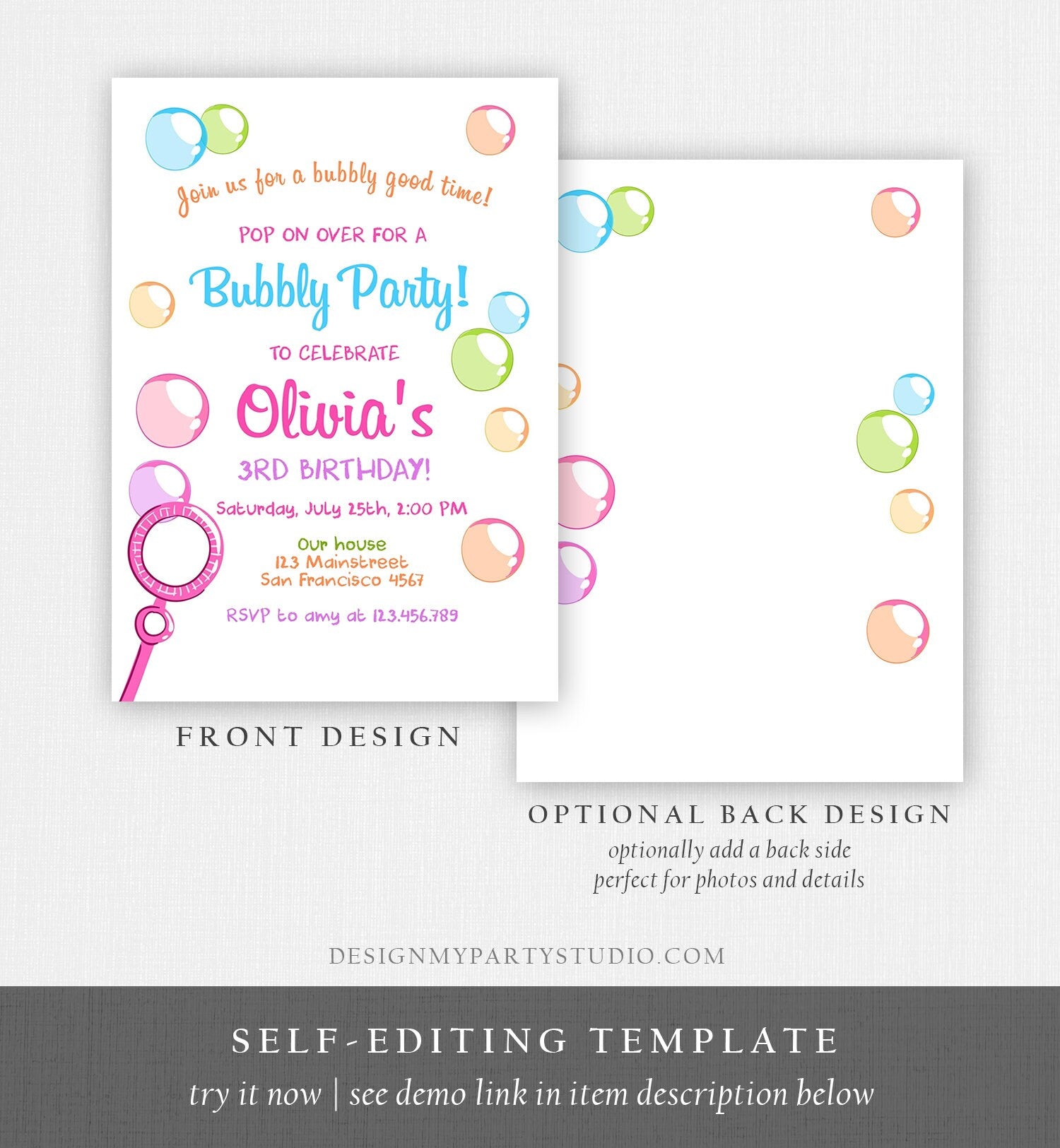 Editable Bubble Birthday Invitation Bubbles Birthday Party Invite Pop Girl Pink Purple Summer Digital Download Evite Template Printable 0035