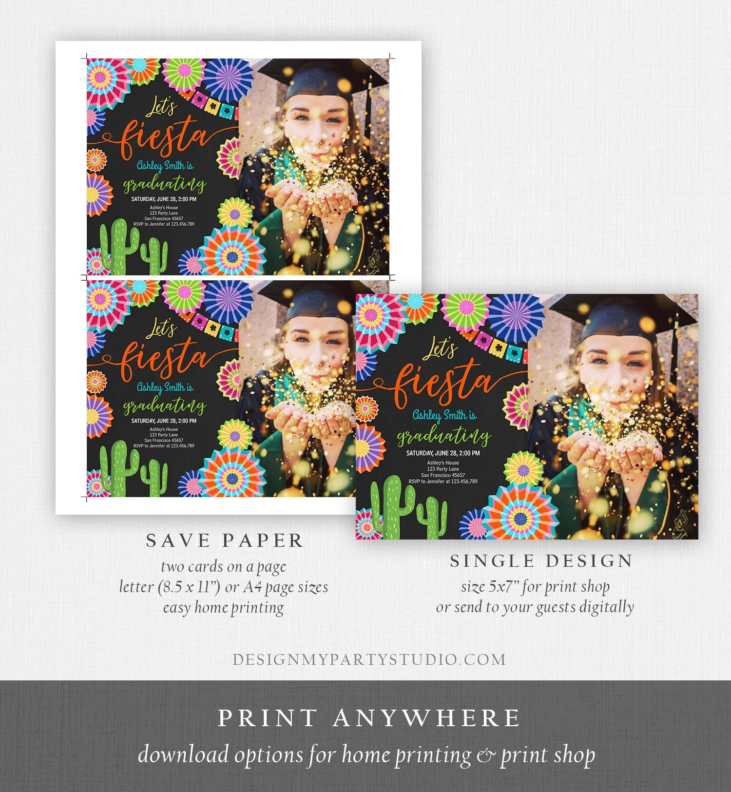 Editable Let's Fiesta Graduation Party Invitation Cactus Mexican Taco Bout Grad High School College Digital Download Template Printable 0236