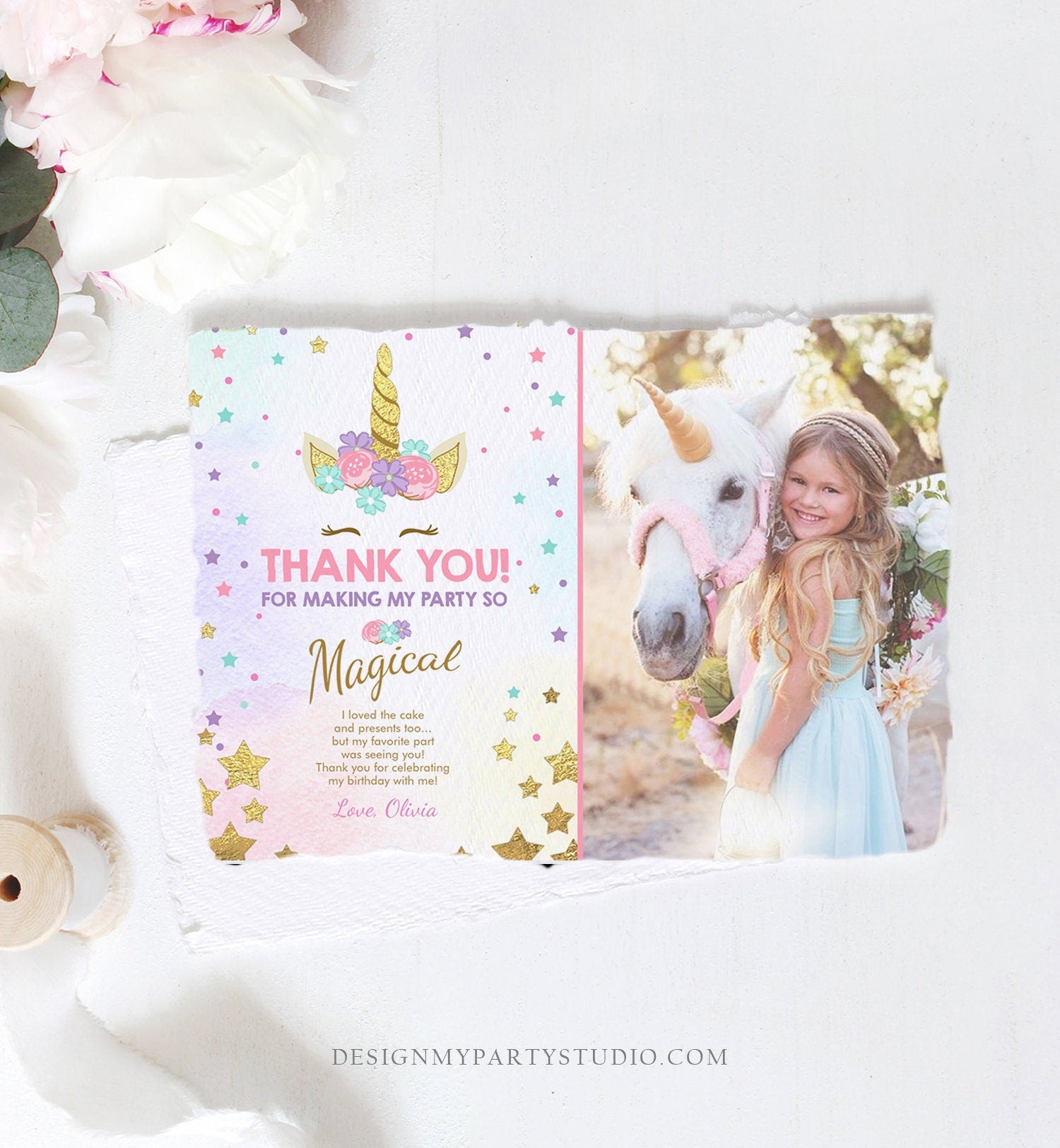 Editable Unicorn Thank You Card Girl Birthday Thank You Note Pink Gold Magical Party Baby Shower Download Corjl Template Printable 0041