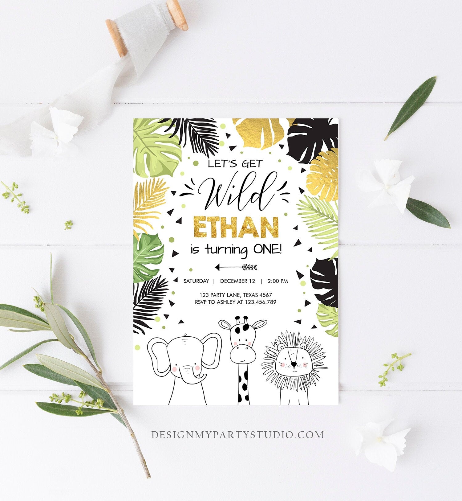 Editable Safari Animals Birthday Invitation Boy Girl First Birthday Let's Get Wild One Jungle Zoo Animals Black Modern Corjl Template 0039