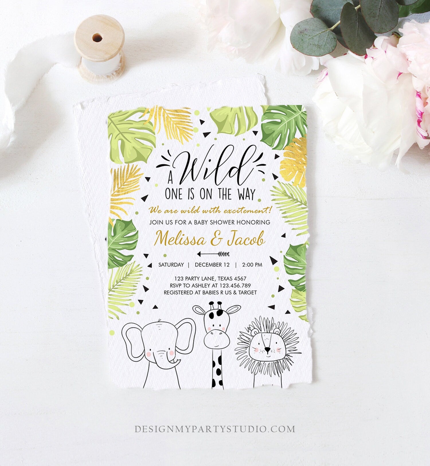 Editable Safari Animals Baby Shower Invitation Boy Girl Gender Neutral Wild One On the Way Jungle Zoo Animals Modern Corjl Template 0039