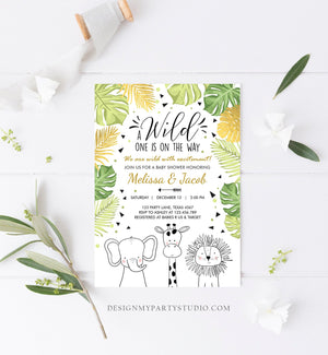 Editable Safari Animals Baby Shower Invitation Boy Girl Gender Neutral Wild One On the Way Jungle Zoo Animals Modern Corjl Template 0039