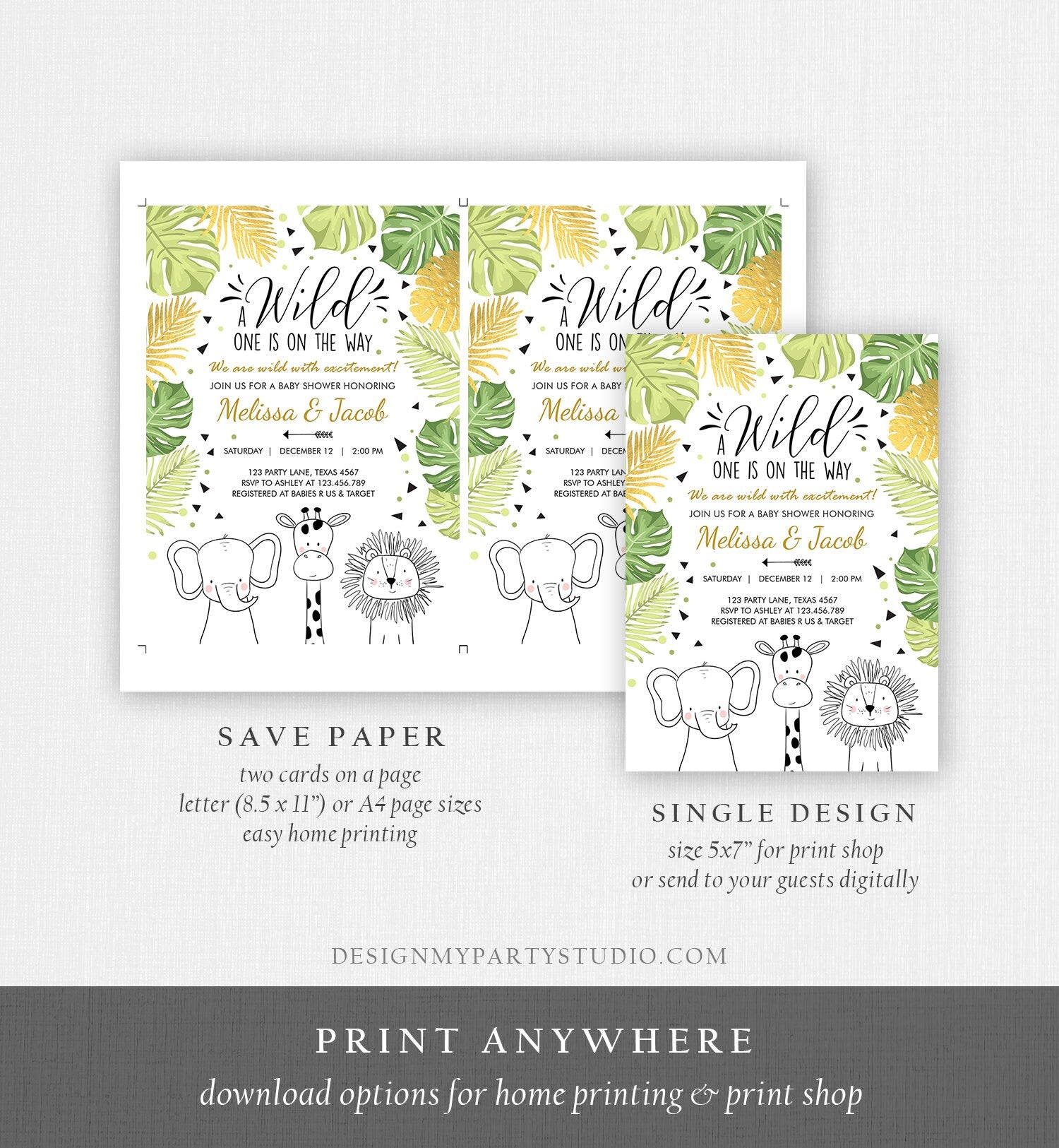 Editable Safari Animals Baby Shower Invitation Boy Girl Gender Neutral Wild One On the Way Jungle Zoo Animals Modern Corjl Template 0039