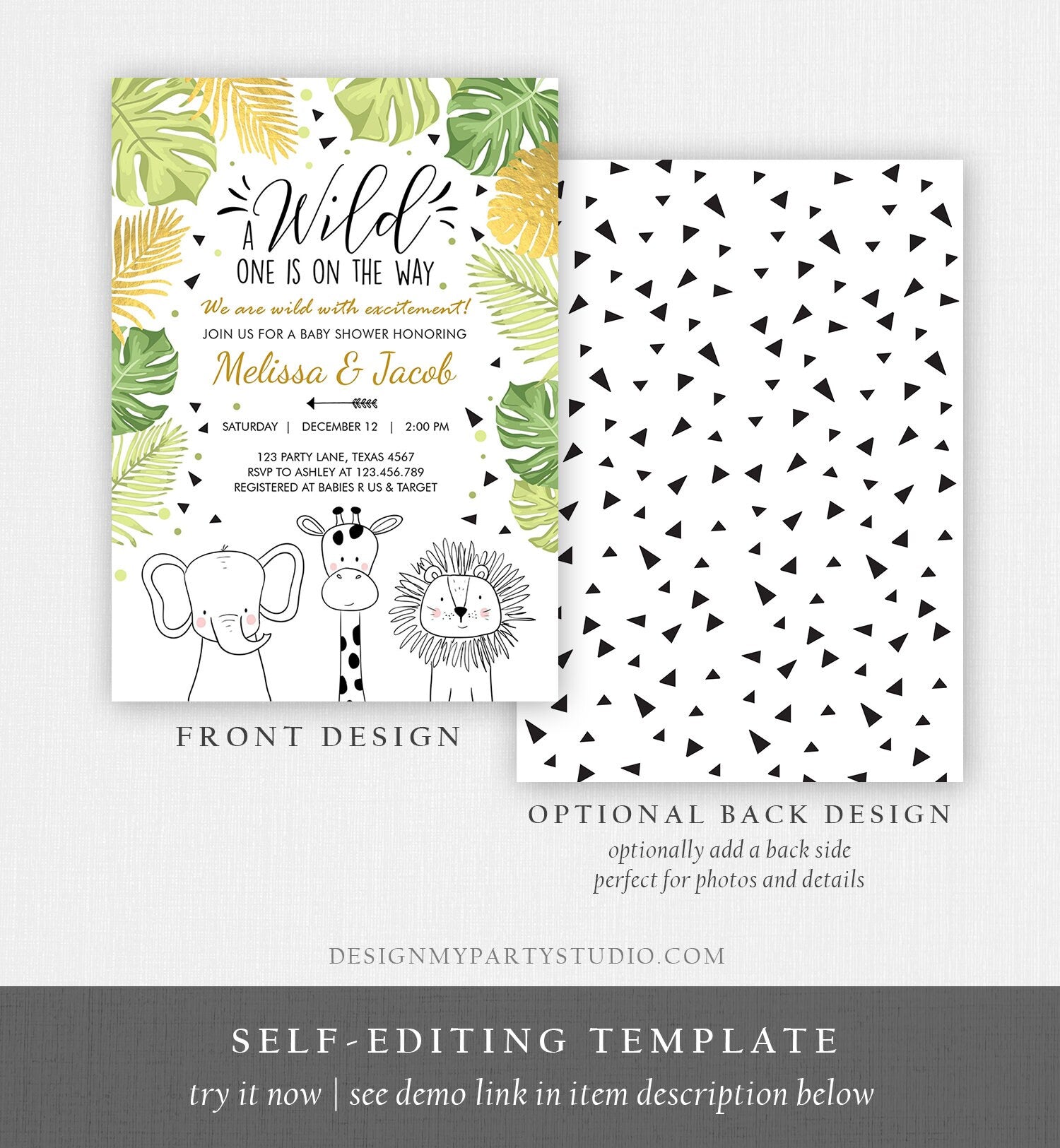 Editable Safari Animals Baby Shower Invitation Boy Girl Gender Neutral Wild One On the Way Jungle Zoo Animals Modern Corjl Template 0039