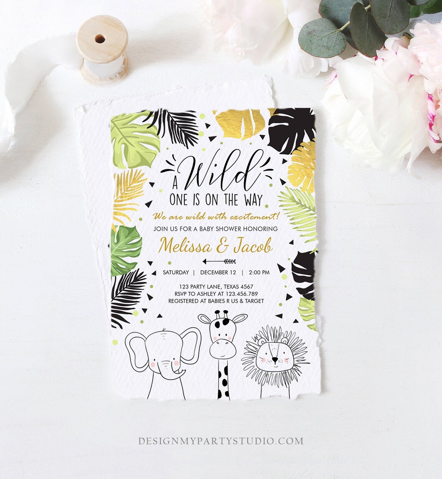 Editable Safari Animals Baby Shower Invitation Boy Girl Gender Neutral Wild One On the Way Jungle Zoo Animals Modern Corjl Template 0039