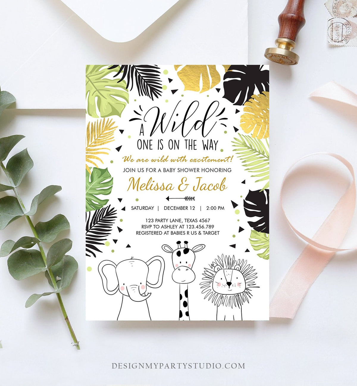 Editable Safari Animals Baby Shower Invitation Boy Girl Gender Neutral Wild One On the Way Jungle Zoo Animals Modern Corjl Template 0039