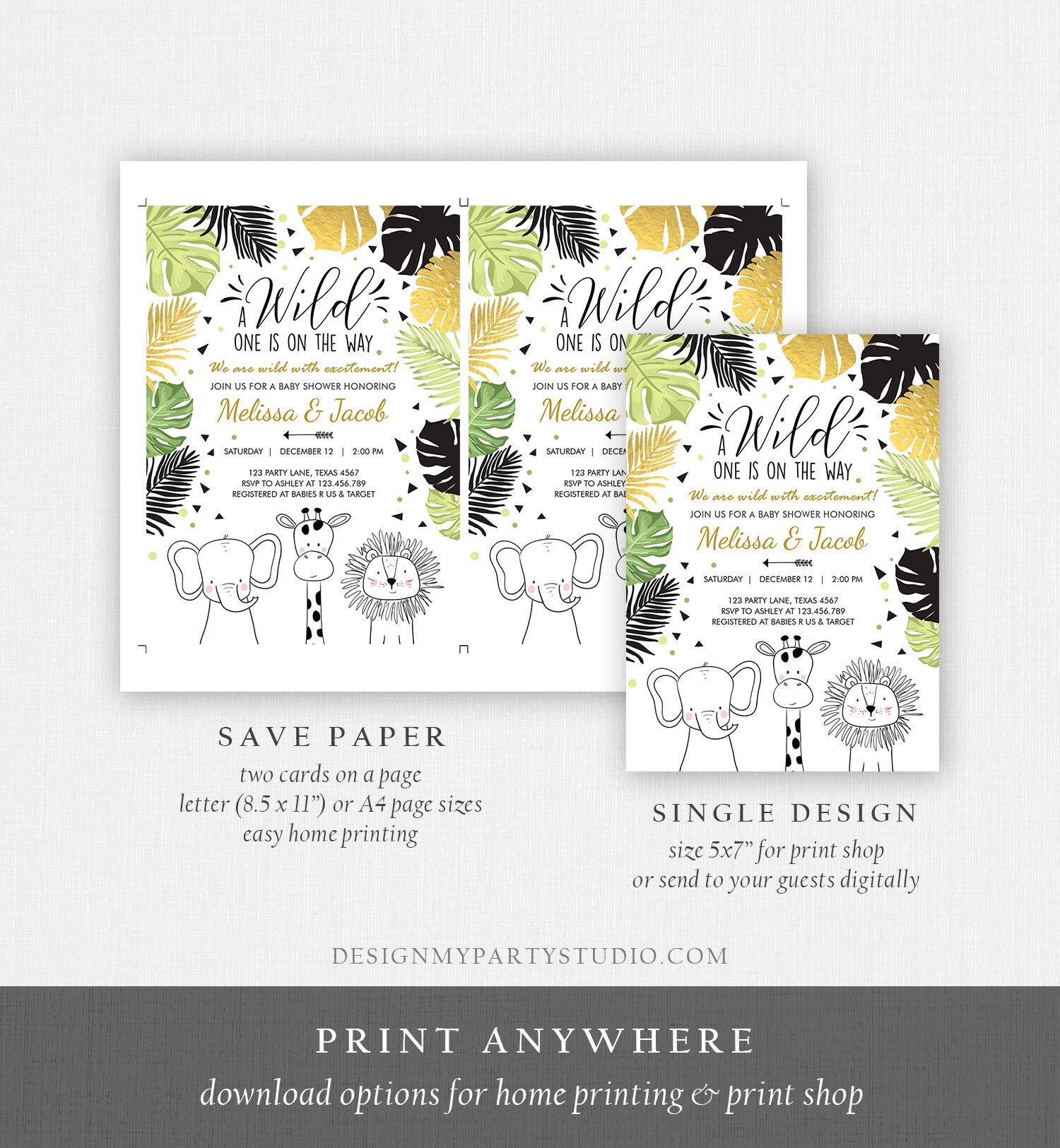 Editable Safari Animals Baby Shower Invitation Boy Girl Gender Neutral Wild One On the Way Jungle Zoo Animals Modern Corjl Template 0039