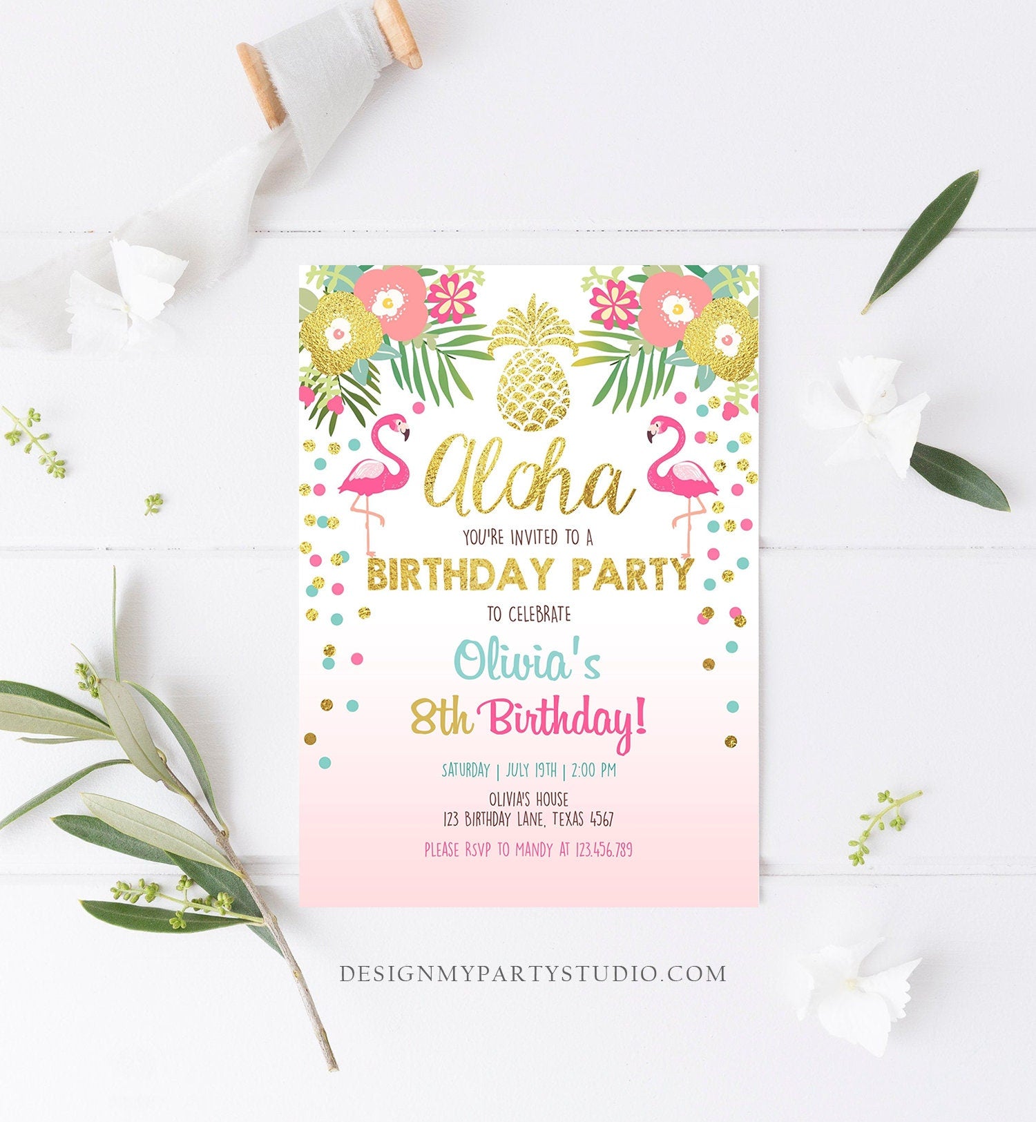 Editable Aloha Birthday Invitation Tropical Flamingo Luau Party Leaves Confetti Pink Gold Pineapple Hawaiian Evite Template Printable 0200