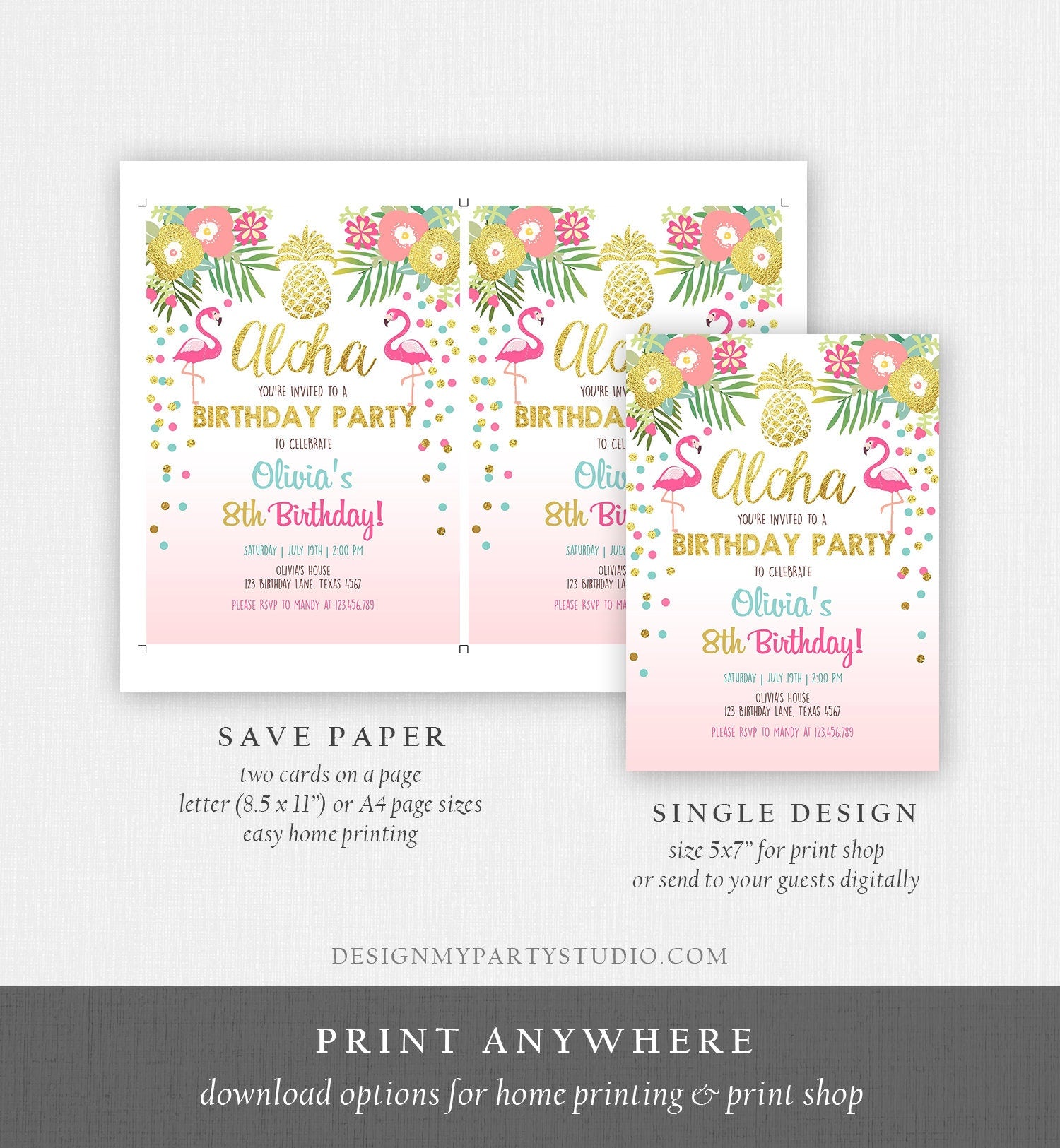 Editable Aloha Birthday Invitation Tropical Flamingo Luau Party Leaves Confetti Pink Gold Pineapple Hawaiian Evite Template Printable 0200