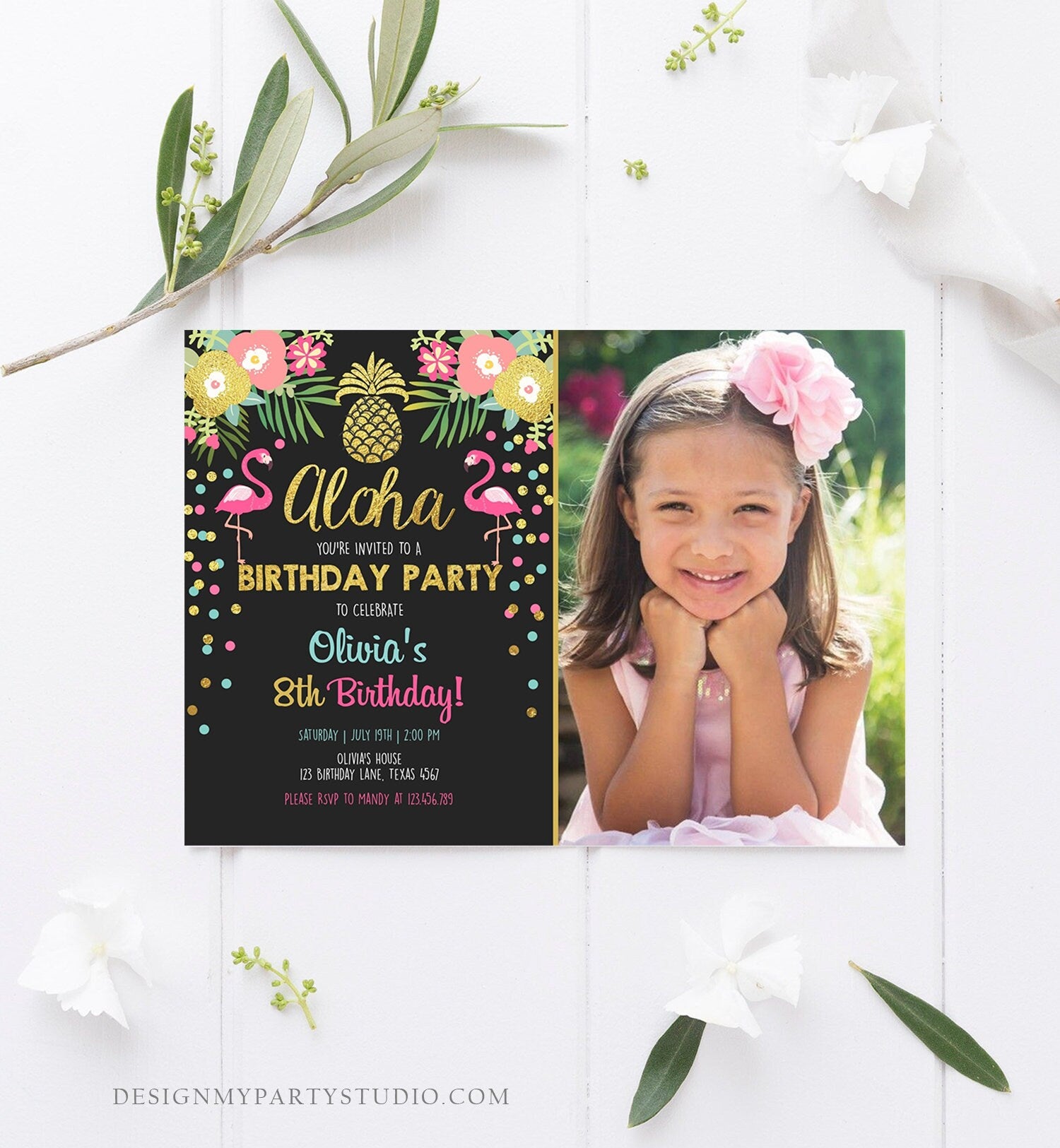 Editable Aloha Birthday Invitation Tropical Flamingo Luau Party Leaves Confetti Pink Gold Pineapple Hawaiian Corjl Template Printable 0200