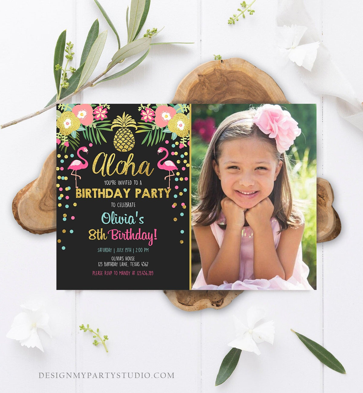 Editable Aloha Birthday Invitation Tropical Flamingo Luau Party Leaves Confetti Pink Gold Pineapple Hawaiian Corjl Template Printable 0200