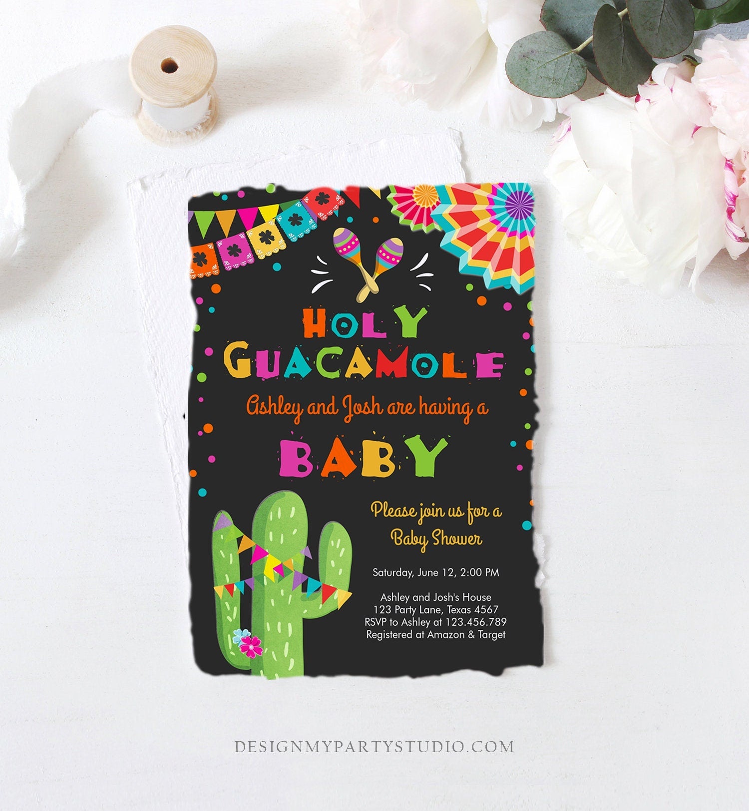 Editable Holy Guacamole Fiesta Baby Shower Invitation Cactus Mexican Succulent Little Señor Senorita on the Way Download Corjl Template 0045