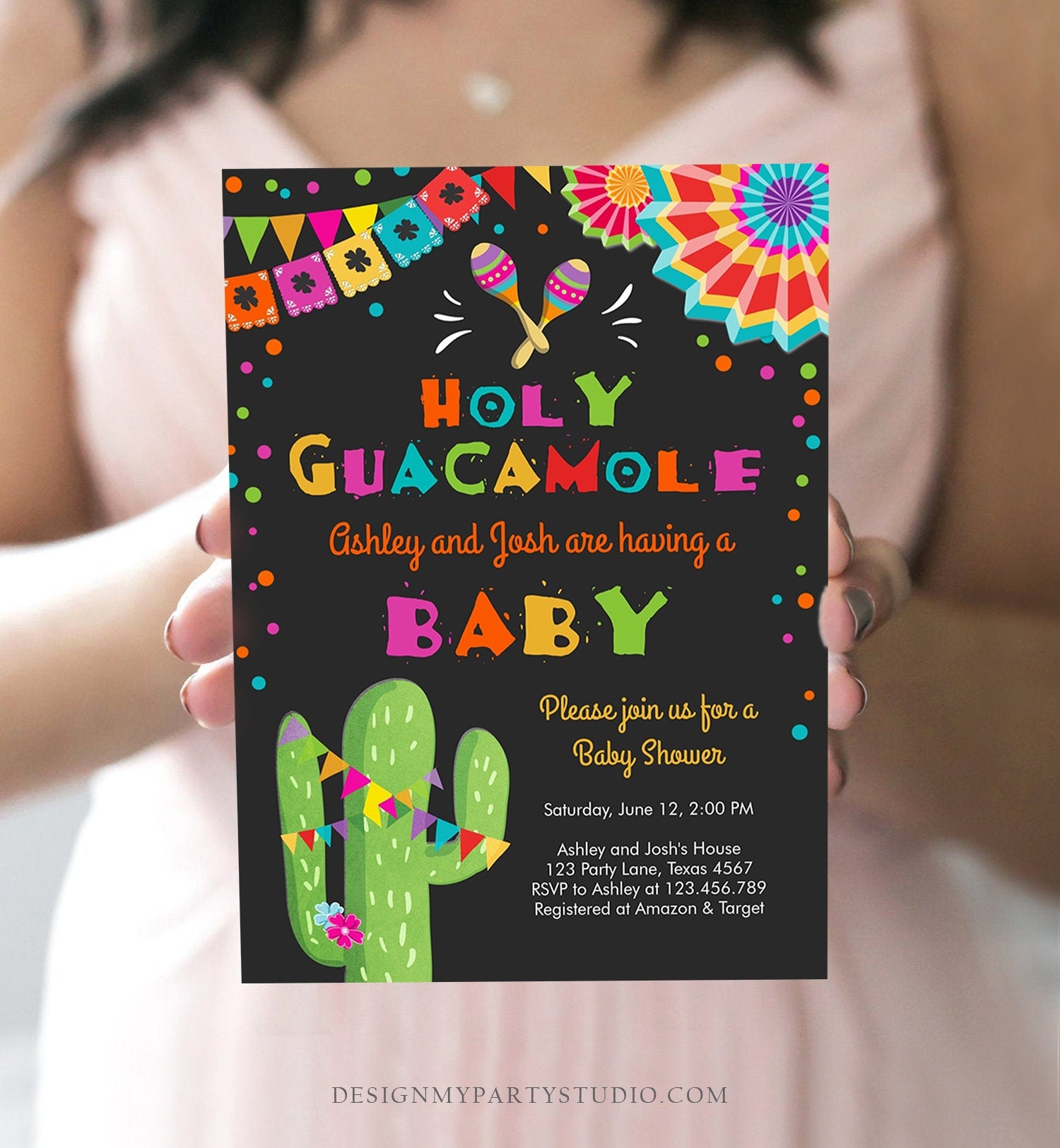 Editable Holy Guacamole Fiesta Baby Shower Invitation Cactus Mexican Succulent Little Señor Senorita on the Way Download Corjl Template 0045