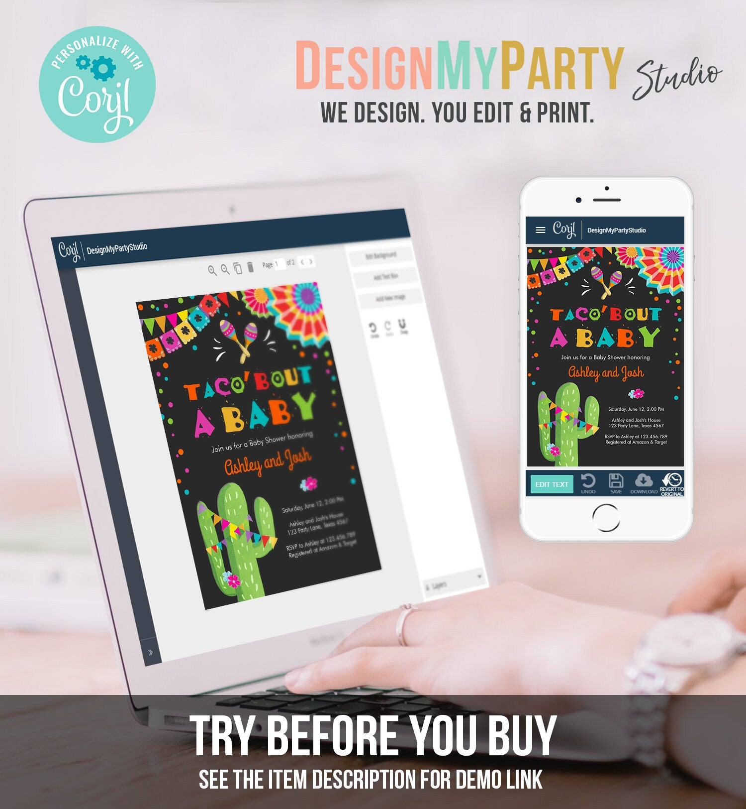 Editable Taco Bout A Baby Baby Shower Invitation Fiesta Cactus Mexican Couples Coed Shower Instant Download Printable Corjl Template 0045