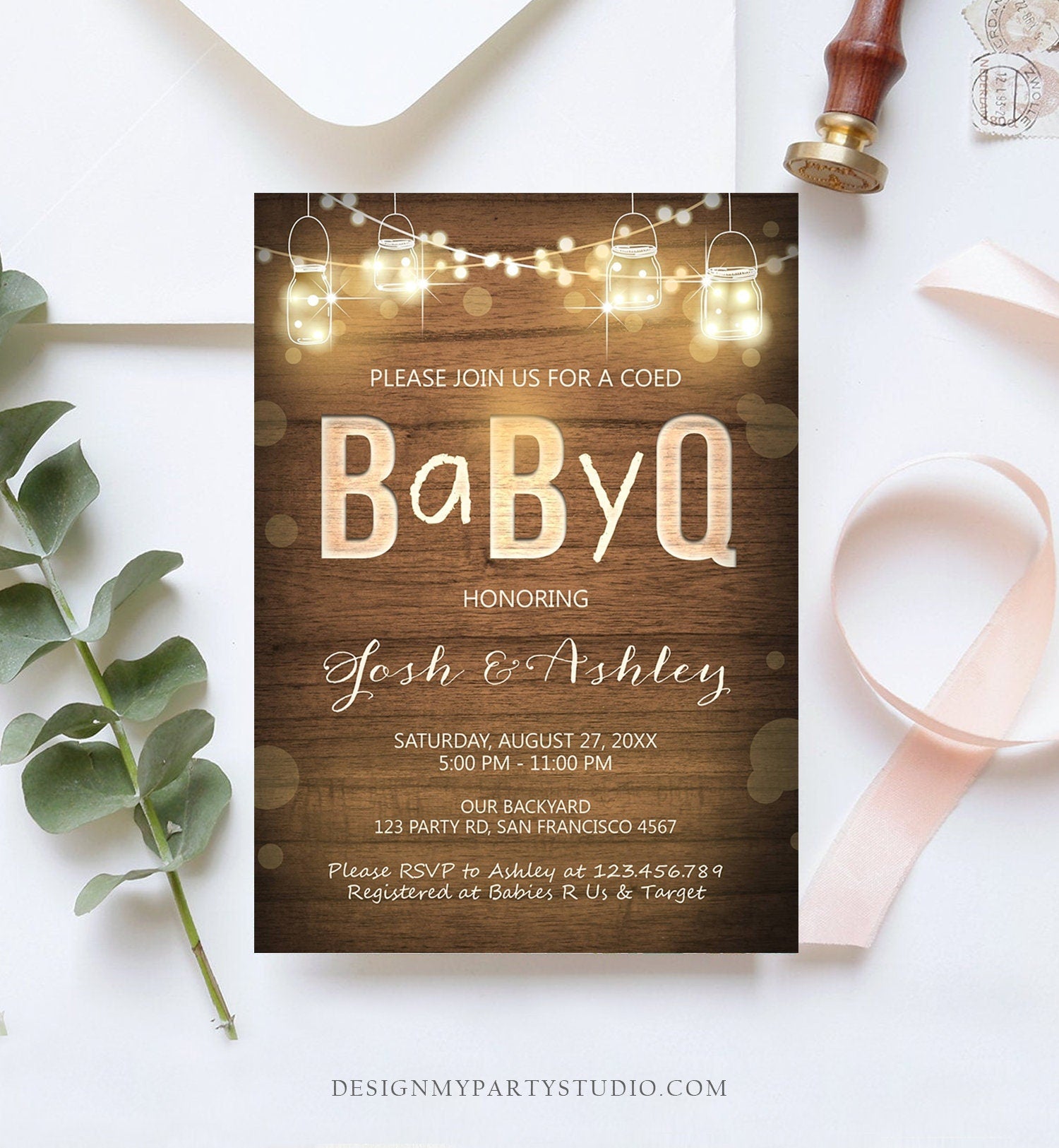 Editable Baby Q Invitation Coed BBQ Baby Shower Rustic Wood Lights Jars Gender Neutral Download Printable Template Digital Corjl 0015