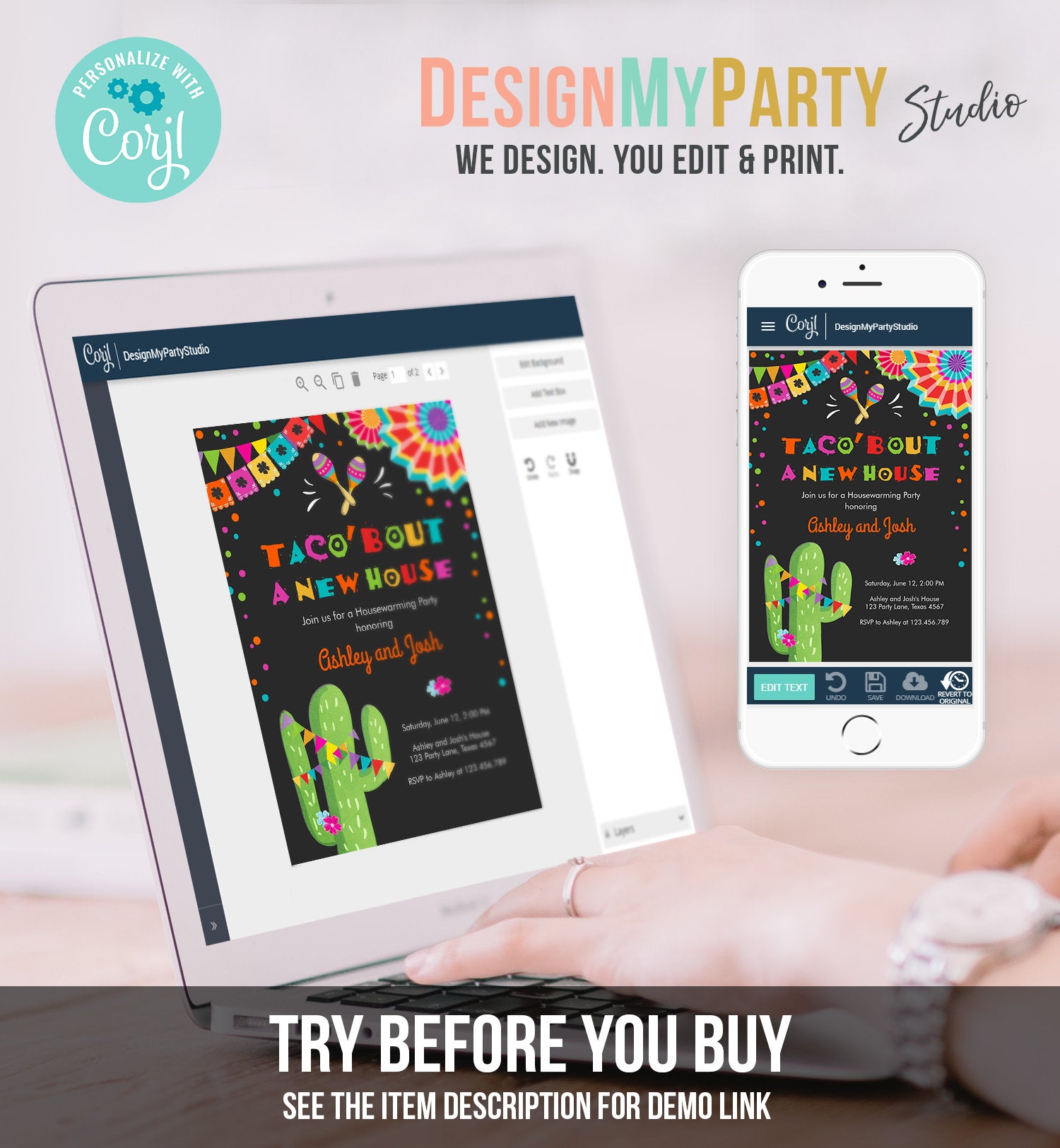 Editable Taco Bout A New House Housewarming Party Invitation Fiesta New Home Cactus Mexican Digital Download Corjl Template Printable 0045