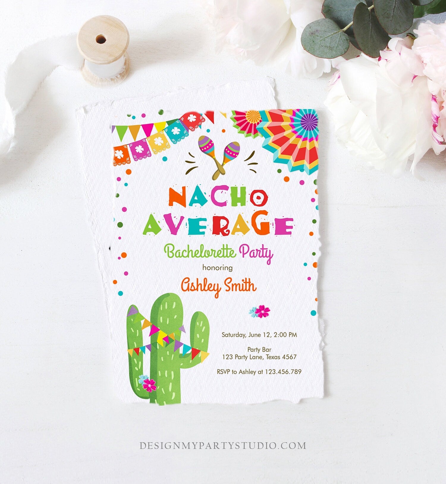 Editable Nacho Average Bachelorette Party Invitation Cactus Pink Let's Fiesta Mexican Bridal Shower Digital Download Corjl Template 0045