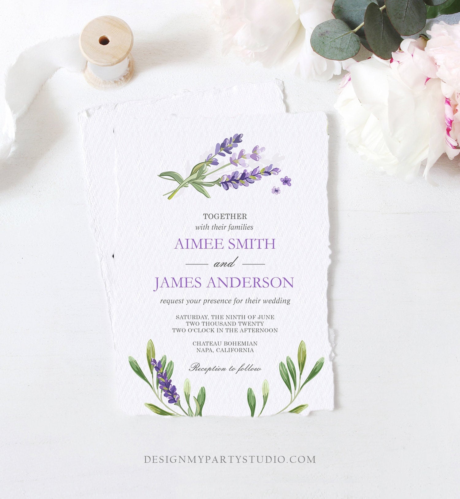 Editable Lavender Wedding Invitation Greenery Foliage Boho Bridal Shower Lilac Blush Lavender Purple Digital Evite Template Printable 0206