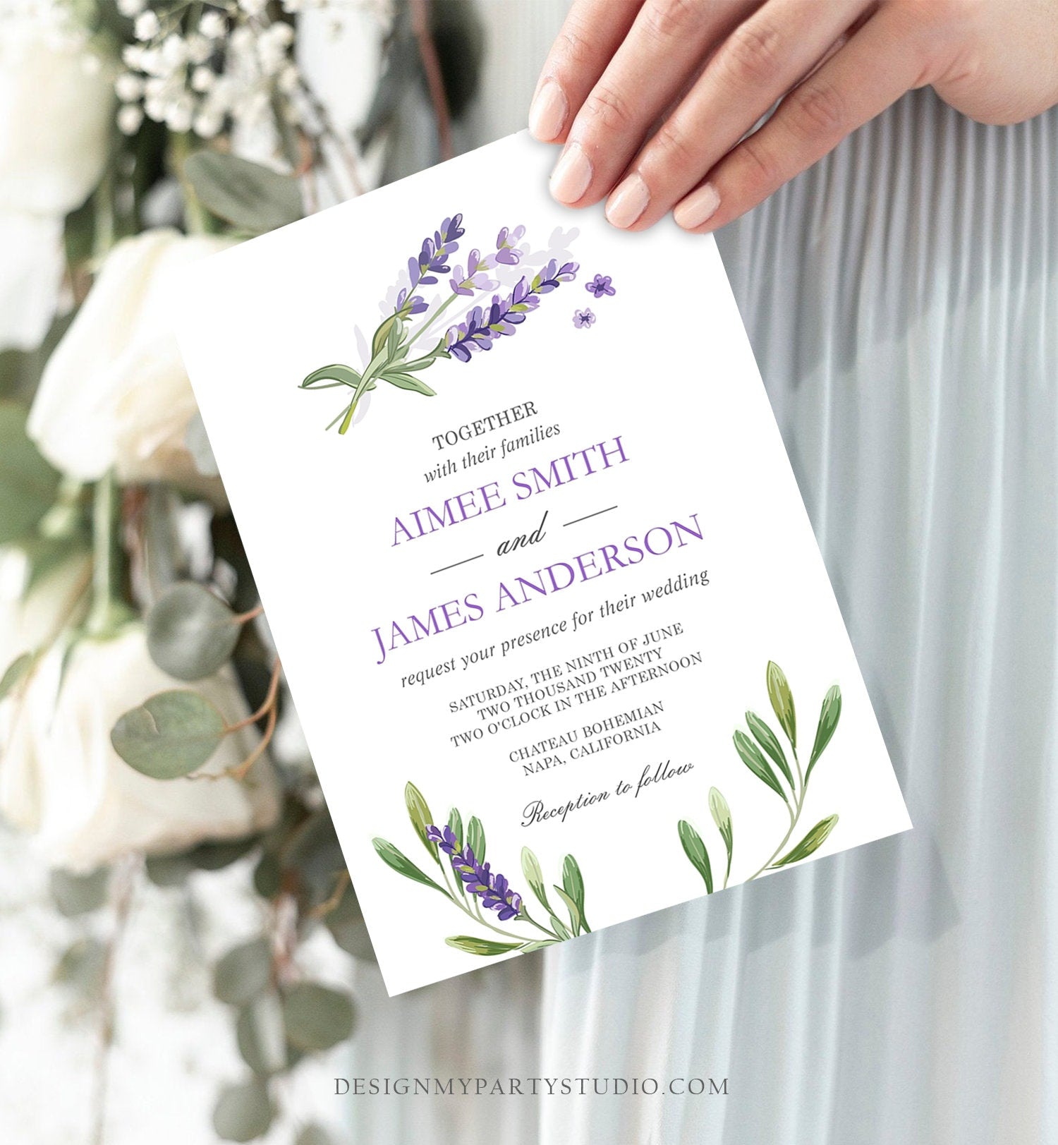 Editable Lavender Wedding Invitation Greenery Foliage Boho Bridal Shower Lilac Blush Lavender Purple Digital Evite Template Printable 0206