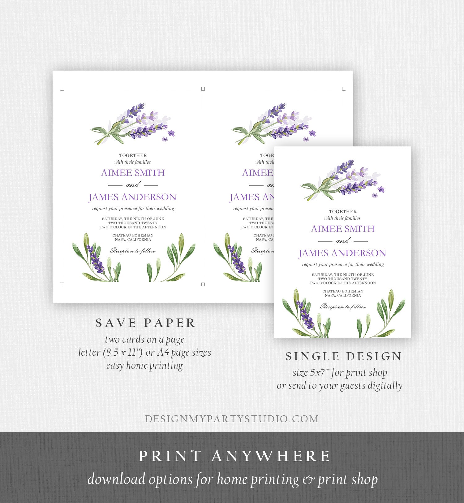 Editable Lavender Wedding Invitation Greenery Foliage Boho Bridal Shower Lilac Blush Lavender Purple Digital Evite Template Printable 0206