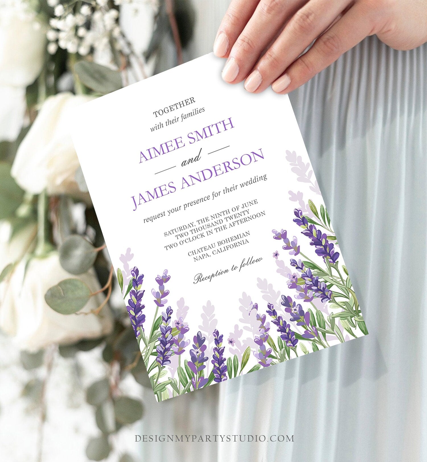 Editable Lavender Wedding Invitation Greenery Foliage Boho Bridal Shower Lilac Blush Lavender Purple Digital Corjl Template Printable 0206