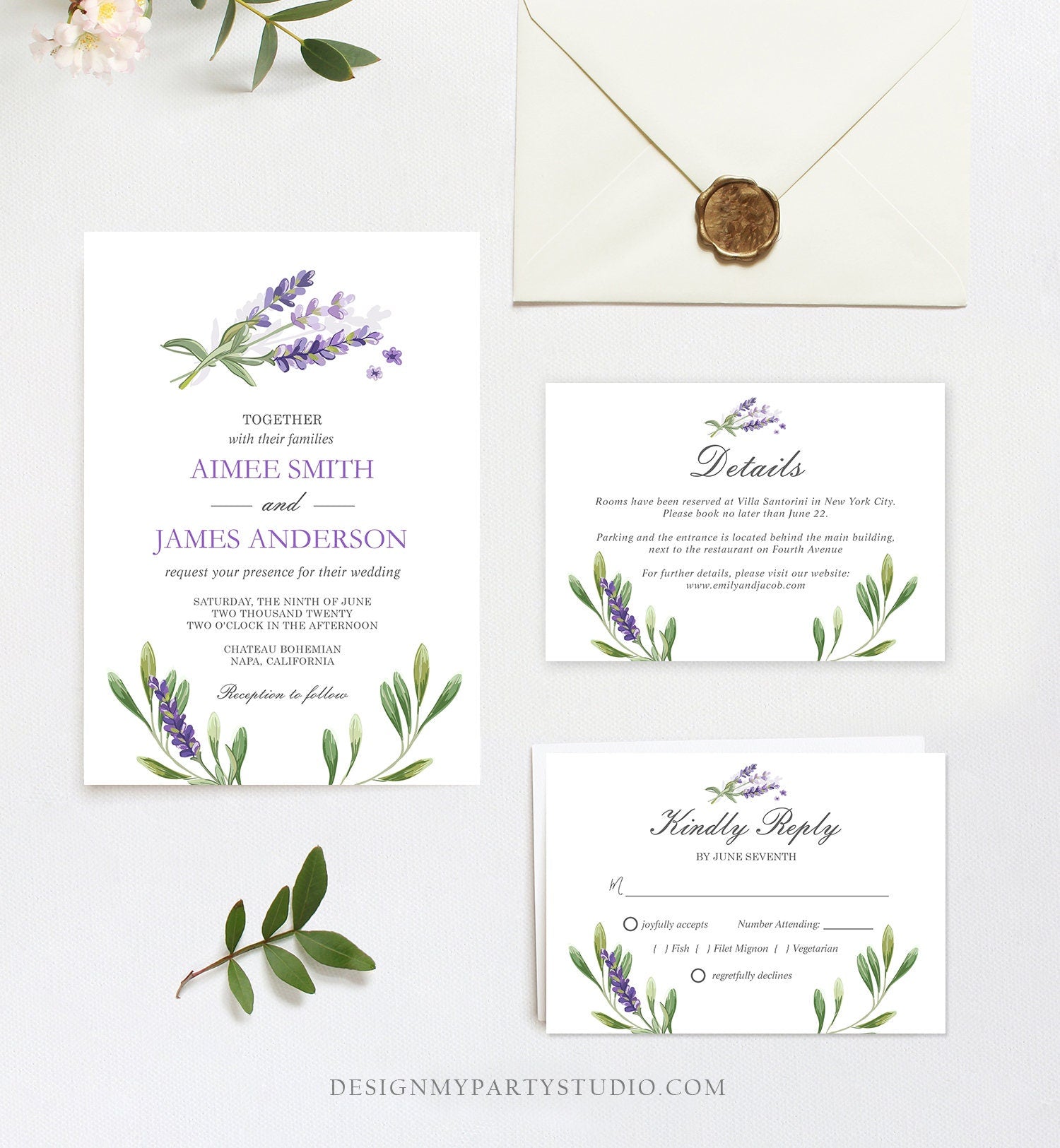 Editable Lavender Wedding Invitation Set Suite Greenery Foliage Boho Wedding Lilac Blush Lavender Purple Corjl Template Printable 0206