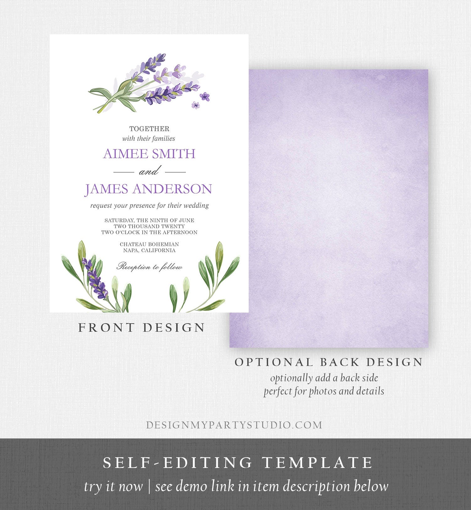 Editable Lavender Wedding Invitation Set Suite Greenery Foliage Boho Wedding Lilac Blush Lavender Purple Corjl Template Printable 0206