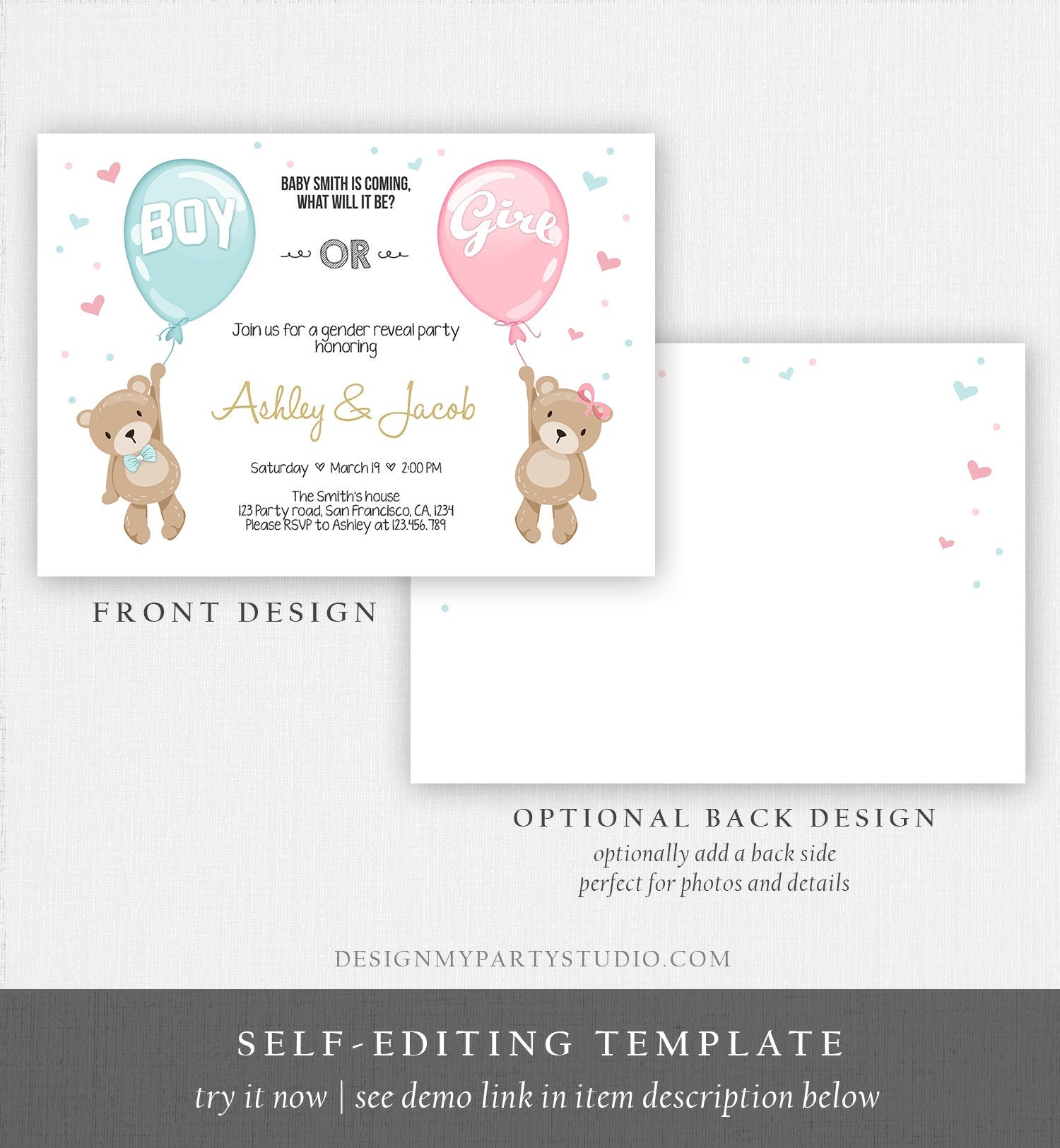 Editable Gender Reveal Invitation Teddy Bear Boy or Girl Blue or Pink He or She Bear Woodland Download Printable Template Corjl 0025