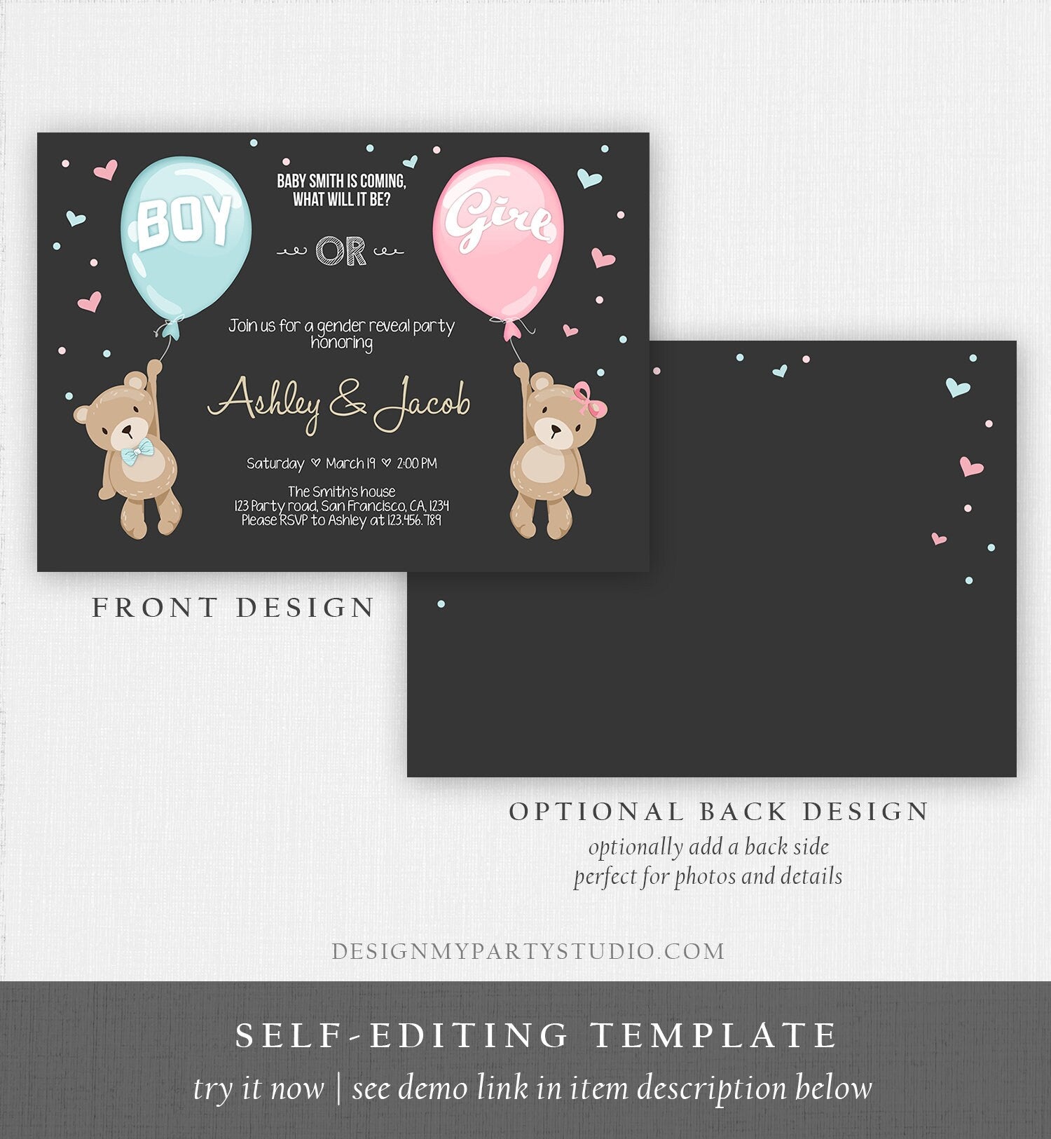 Editable Gender Reveal Invitation Teddy Bears Boy or Girl Blue or Pink He or She Bear Woodland Download Printable Template Corjl 0025