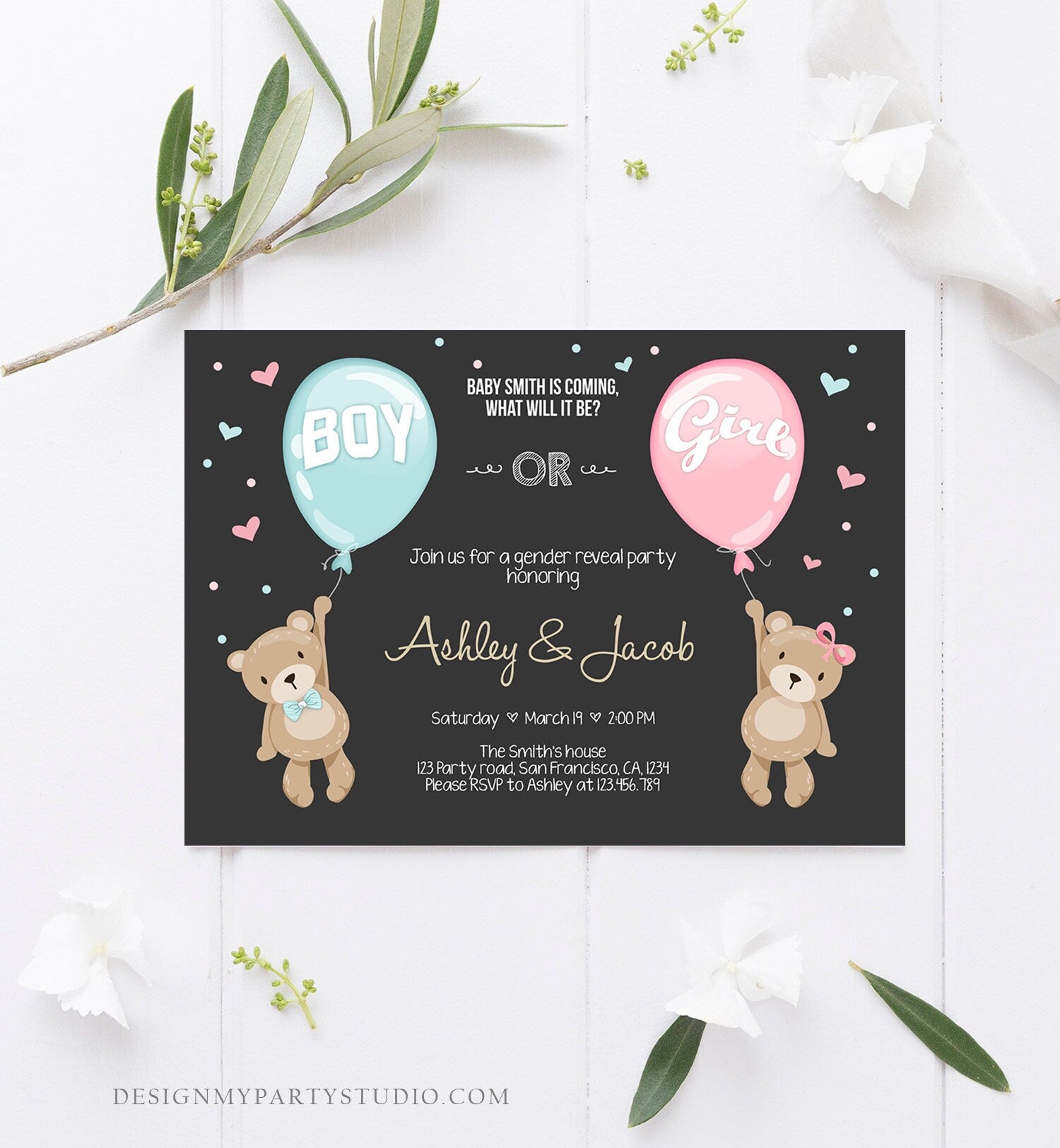 Editable Gender Reveal Invitation Teddy Bears Boy or Girl Blue or Pink He or She Bear Woodland Download Printable Template Corjl 0025