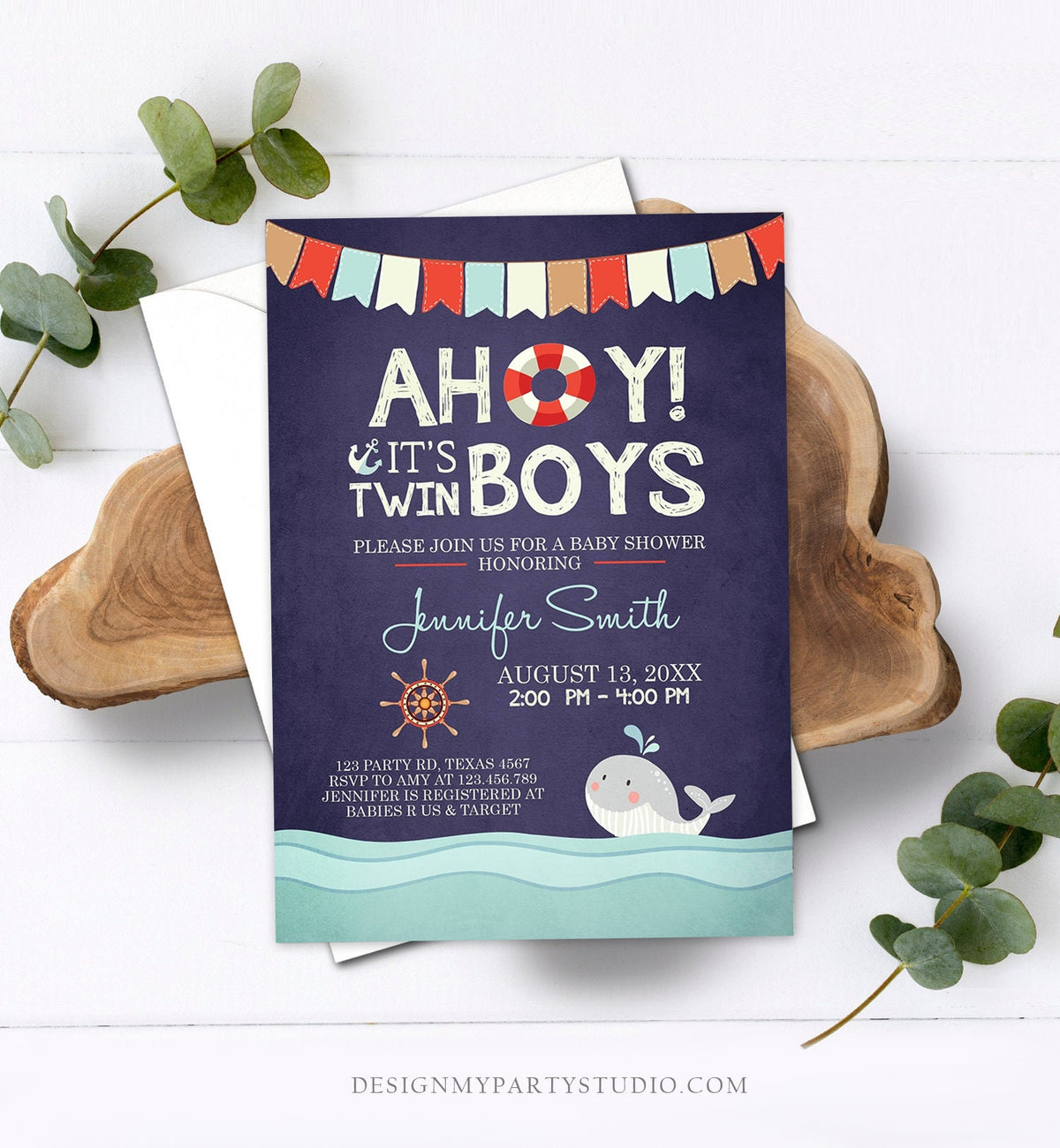 Editable Nautical Baby Shower Invitation Twin Boys Ahoy Its Twin Boys It&#39;s Twins Whale Ocean Red Navy Blue Template Digital Corjl 0018