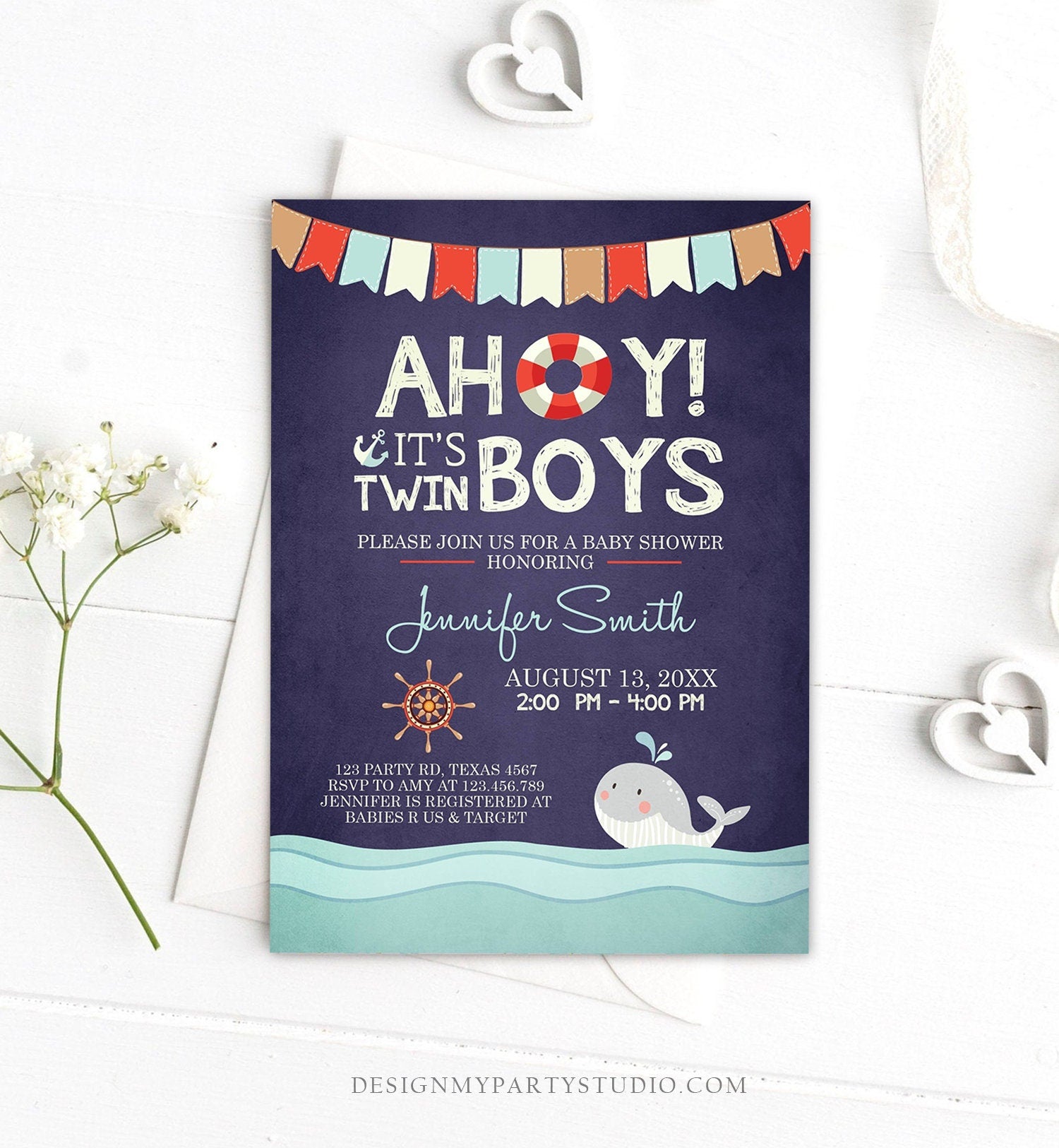 Editable Nautical Baby Shower Invitation Twin Boys Ahoy Its Twin Boys It's Twins Whale Ocean Red Navy Blue Template Digital Corjl 0018