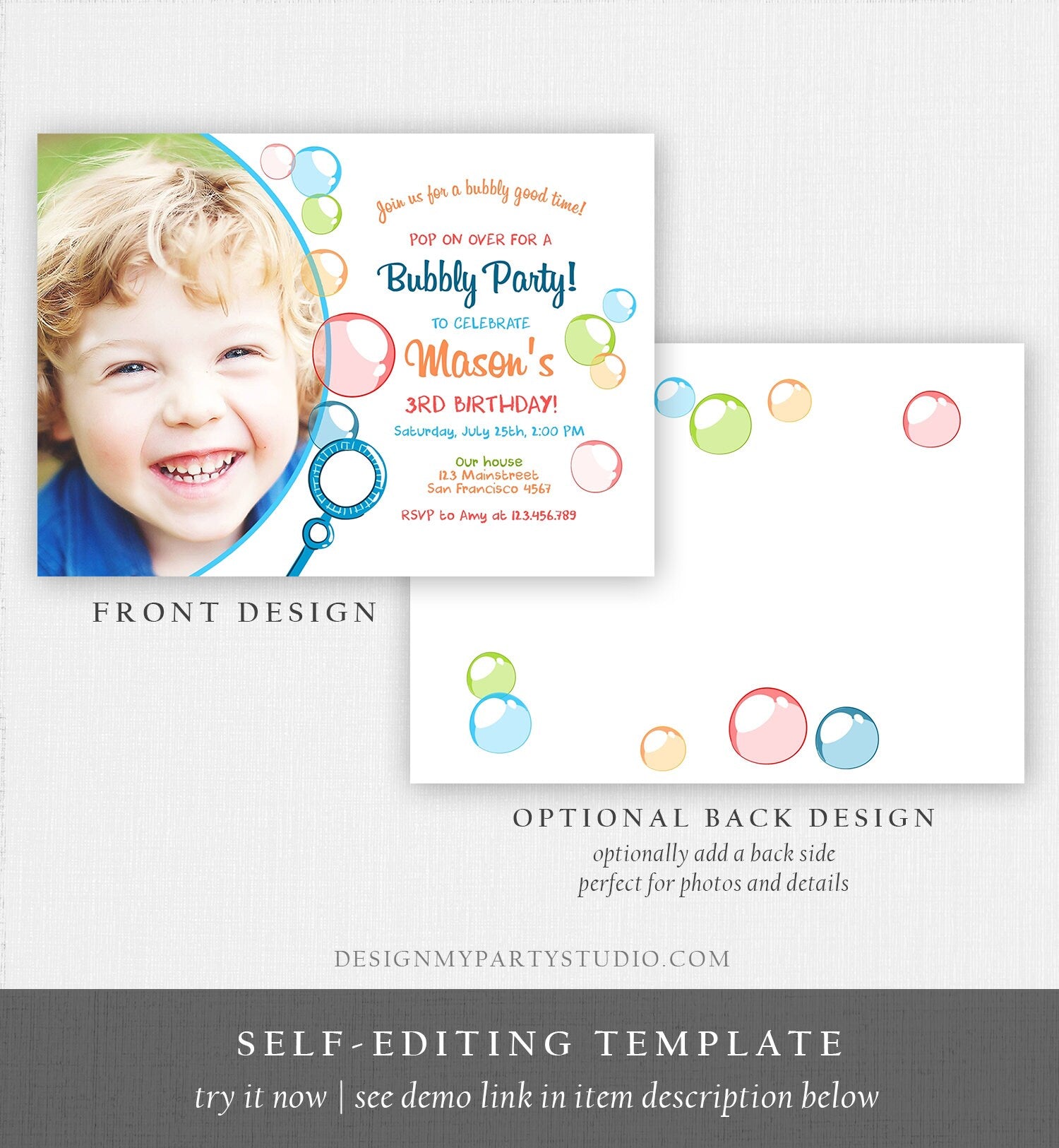 Editable Bubble Birthday Invitation Bubbles Birthday Party Invite Pop Boy Blue Green Summer Download Printable Template Corjl Digital 0035