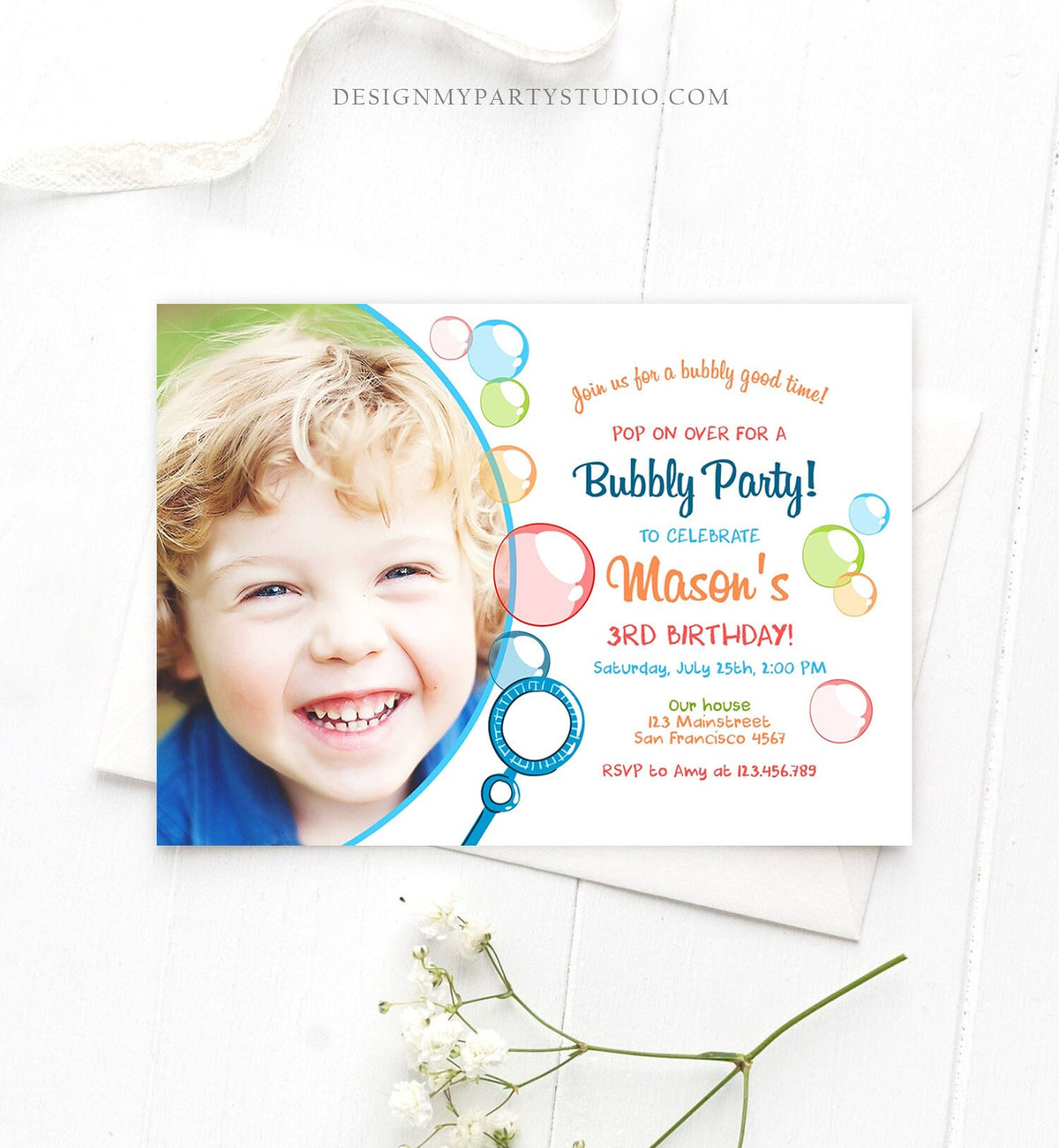 Editable Bubble Birthday Invitation Bubbles Birthday Party Invite Pop Boy Blue Green Summer Download Printable Template Corjl Digital 0035