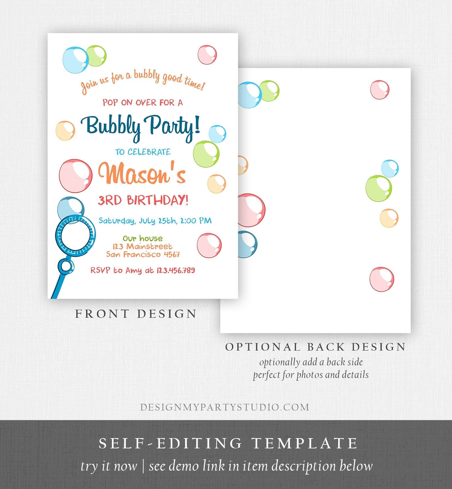 Editable Bubble Birthday Invitation Bubbles Birthday Party Invite Pop Boy Blue Green Summer Download Printable Template Corjl Digital 0035